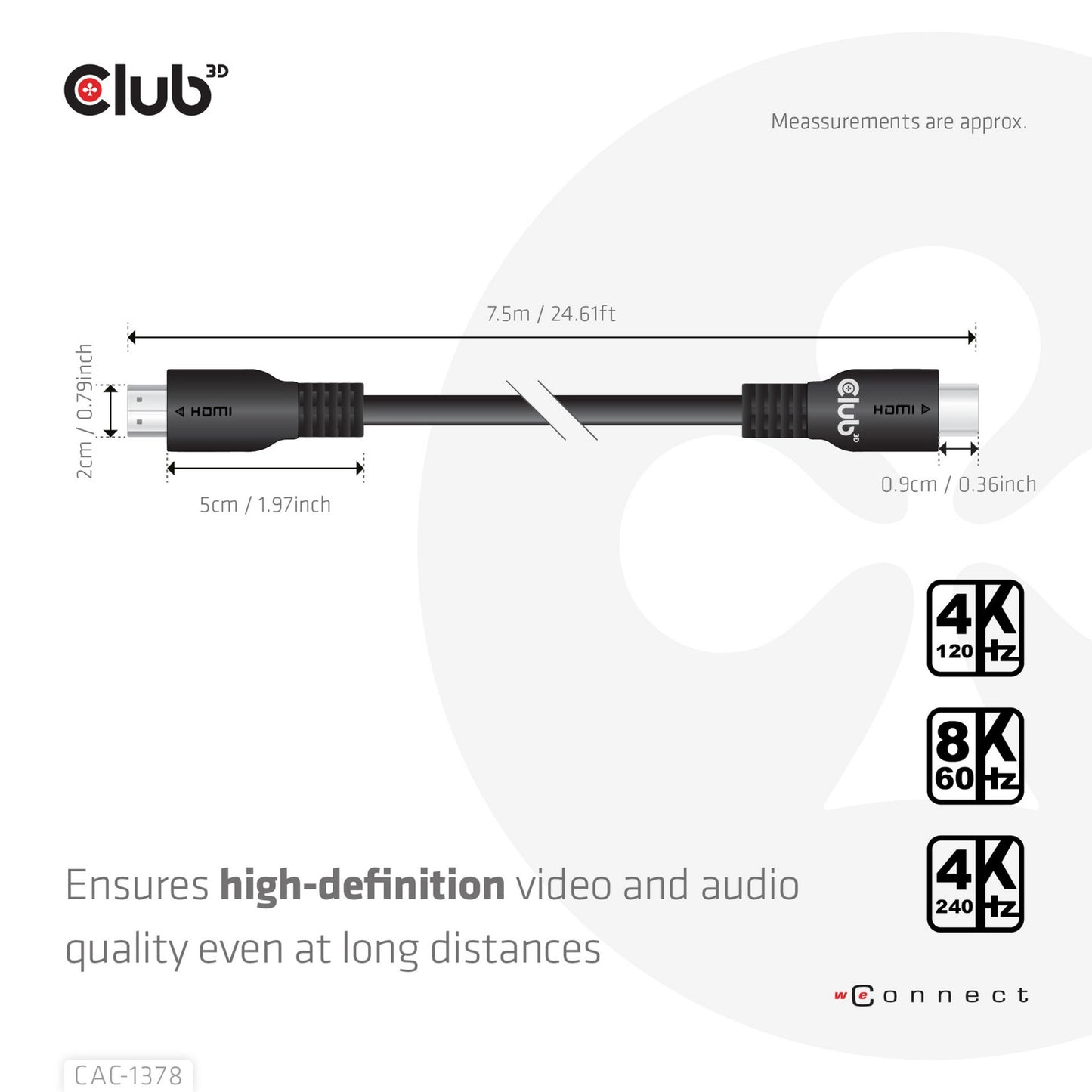 Club 3D ultra high speed hdmi 2.1 gecertificeerde kabel male-male (zwart, 7,5 meter, 4k 240hz, 8k 60hz, 48gbps)