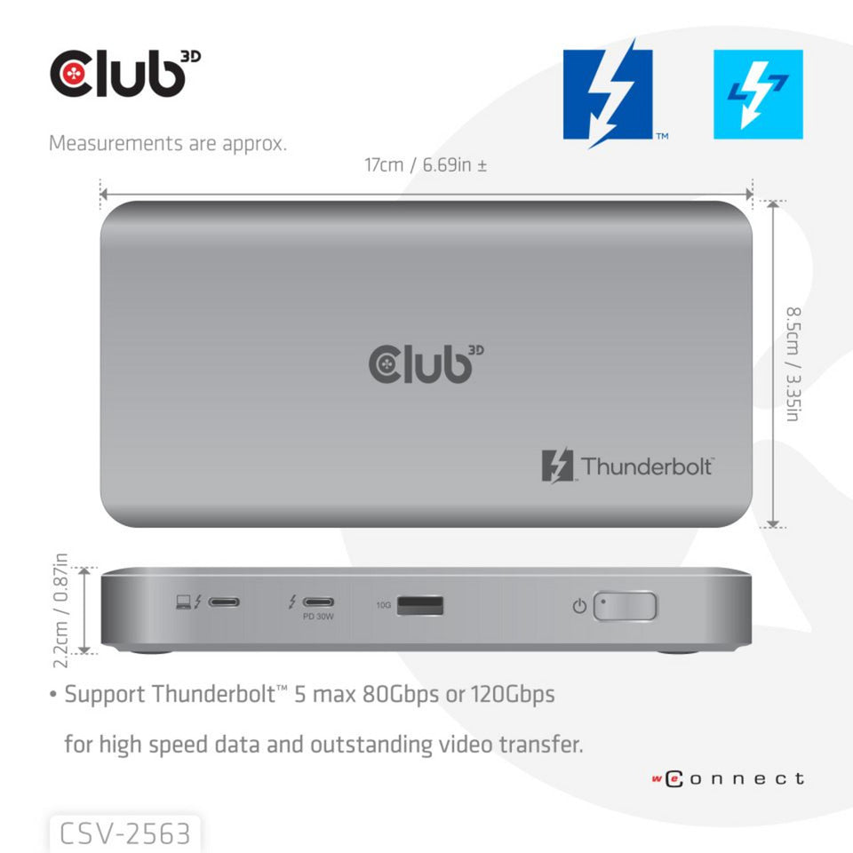 Club 3D 5-1 thunderbolt 5 hub triple video dockingstation (grijs)