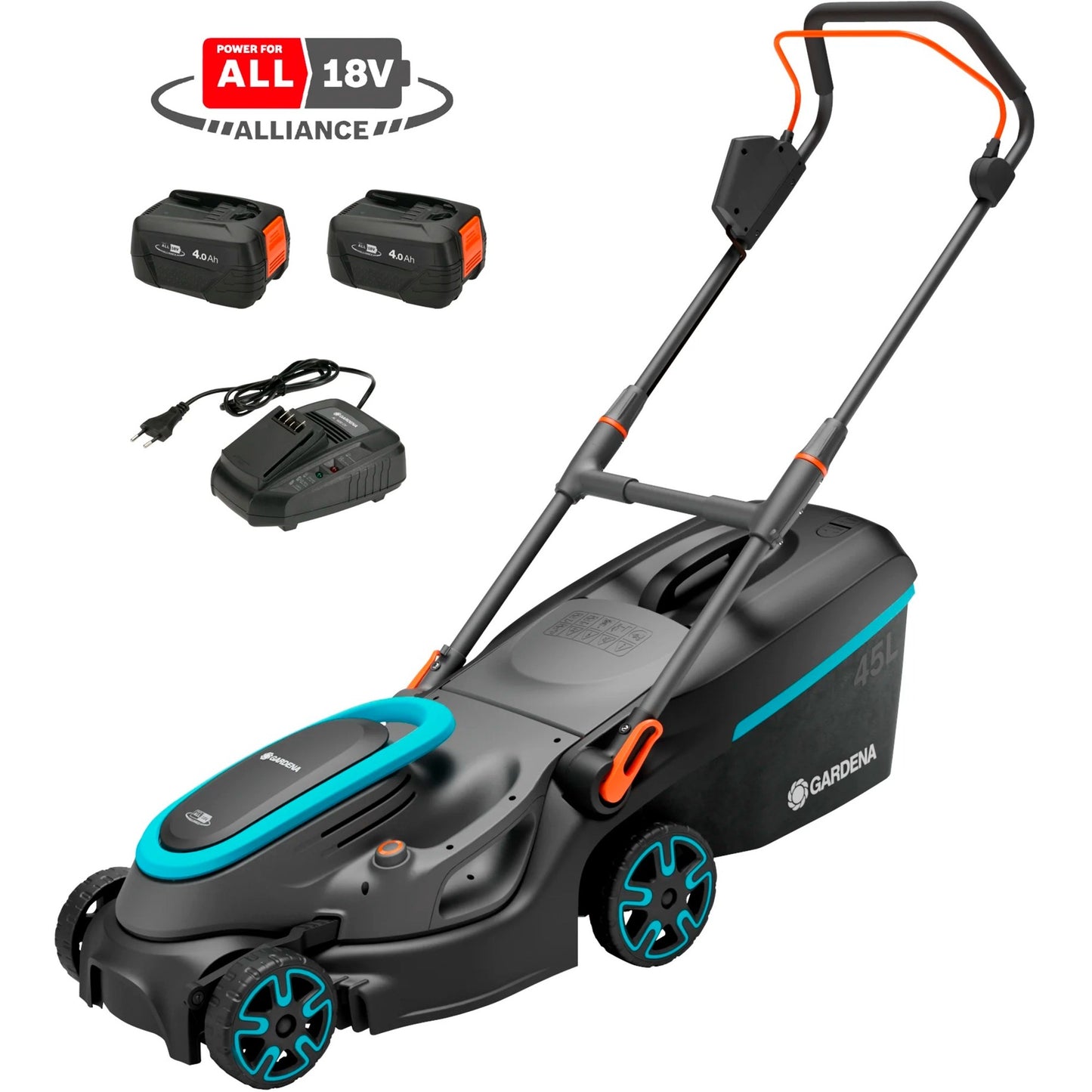 GARDENA accugrasmaaier powermax 37 36v p4a set (zwart grijs, 2x li-ion accu 4,0ah, power for all alliance)