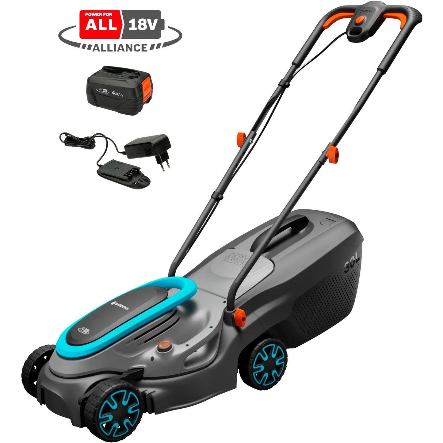 GARDENA accugrasmaaier powermax 32 18v p4a set (zwart grijs, incl. li-ion accu 4,0ah, power for all alliance)