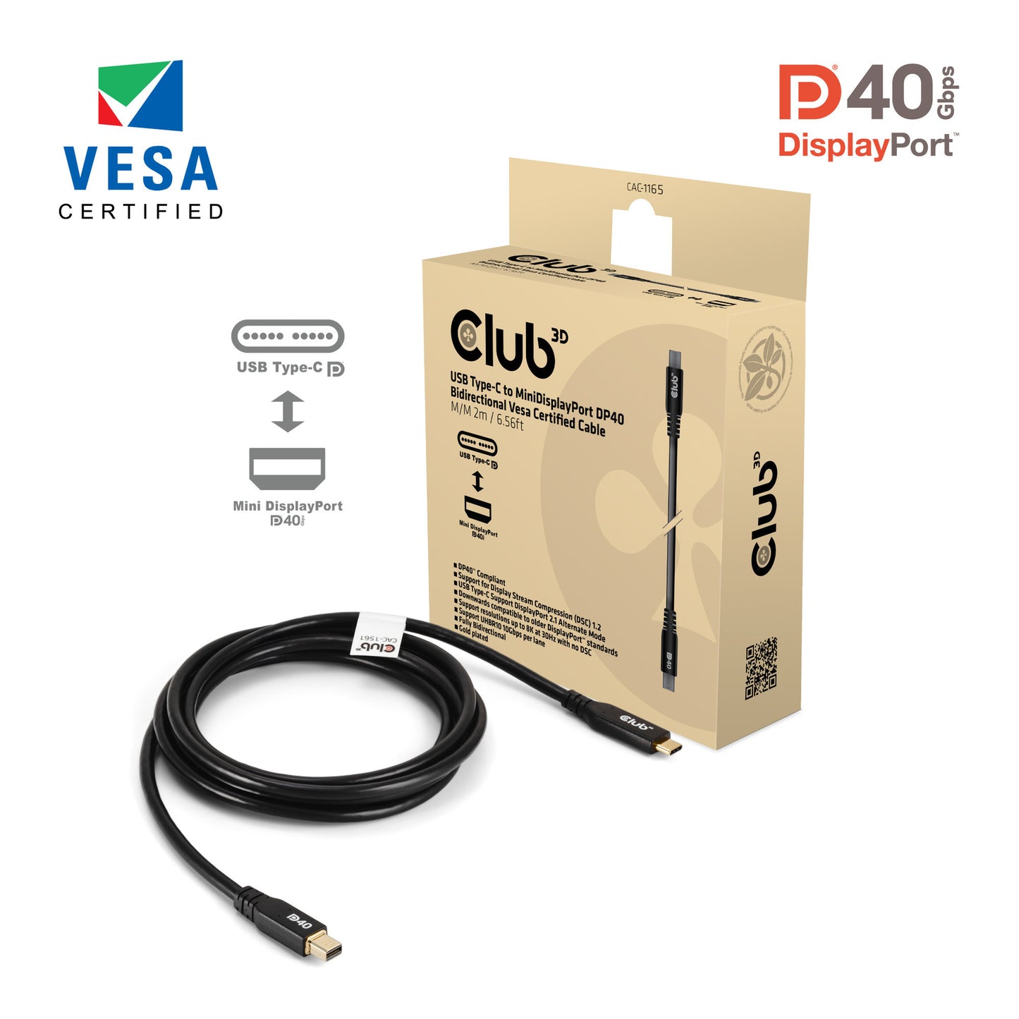 Club 3D usb-c naar minidisplayport dp40 bidirectioneel adapter (zwart, 2 meter, vesa-gecertificeerd)