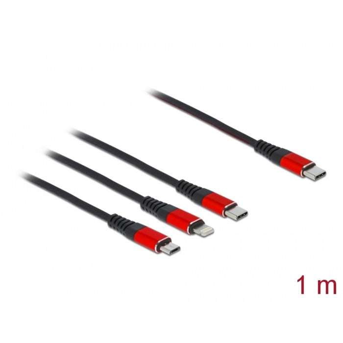 DeLOCK usb-oplaadkabel 3-in-1 usb-c naar lightning + micro usb + usb-c (zwart rood, 1 meter)