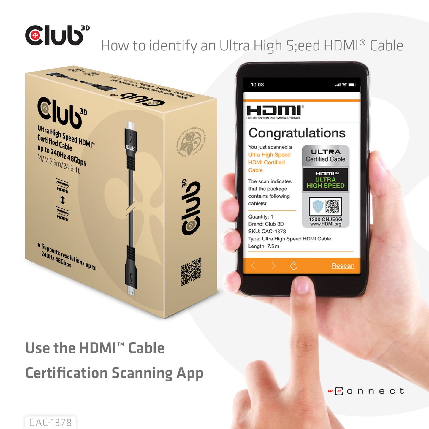 Club 3D ultra high speed hdmi 2.1 gecertificeerde kabel male-male (zwart, 7,5 meter, 4k 240hz, 8k 60hz, 48gbps)