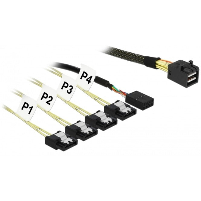 DeLOCK mini sas hd sff-8643 > 4x sata 7-pin adapter (zwart, 1 meter + sideband 1 m metal)