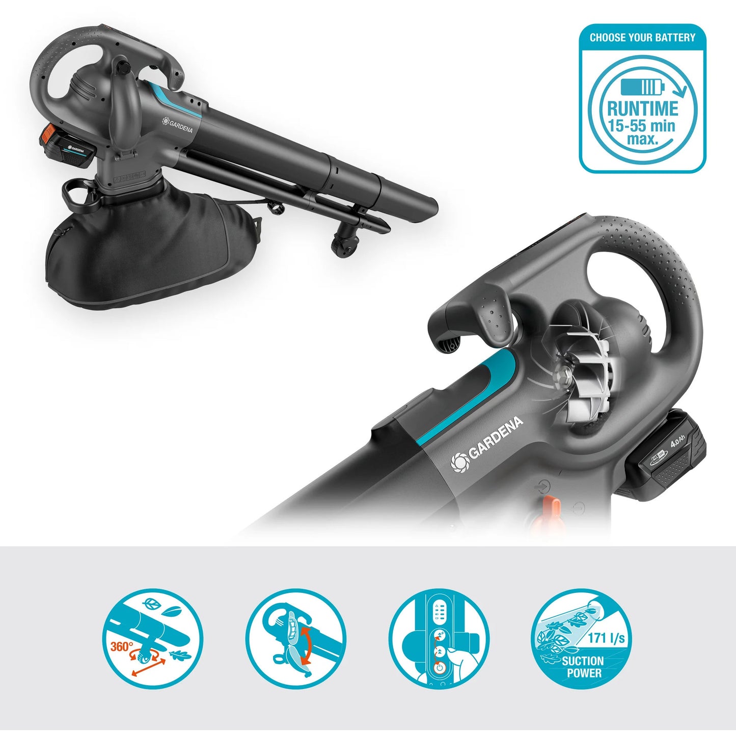 GARDENA stofzuiger -blazer powerjet collect bladzuiger bladblazer (grijs zwart, accu en oplader niet inbegrepen)