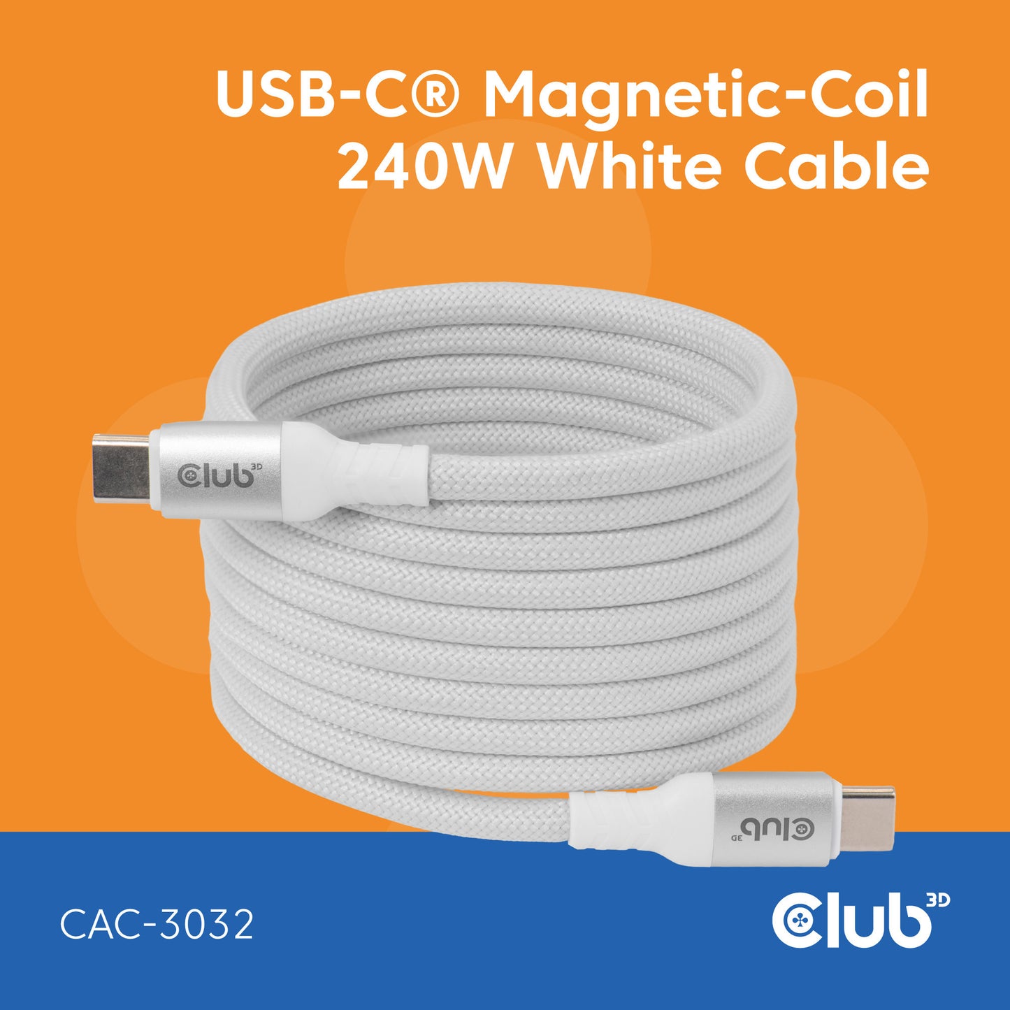 Club 3D usb-c magnetic-coil 240w pd3.1 white cable, 2 meter kabel (wit)