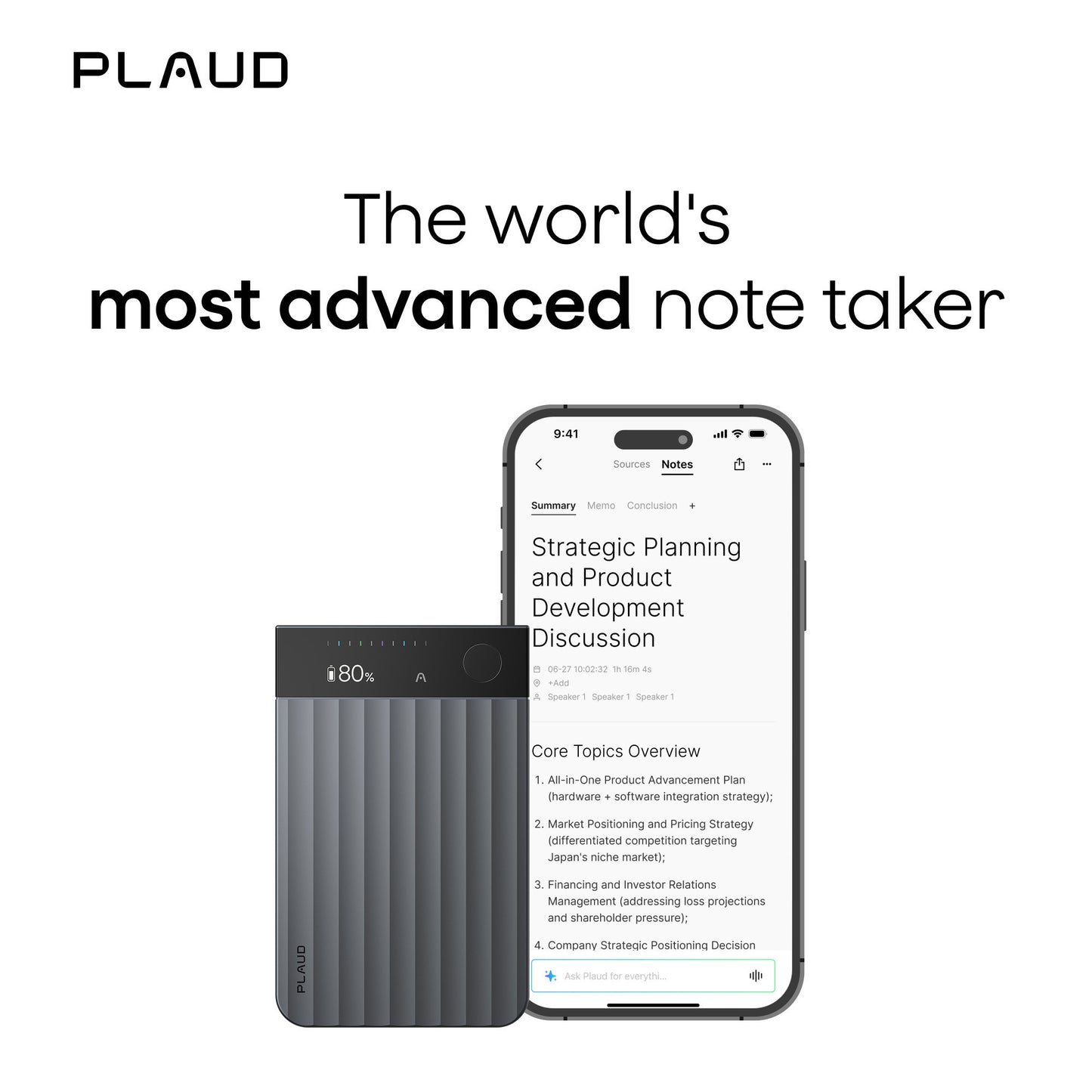 Plaud Note Pro dicteerapparaat (Zwart, 64 GB, Bluetooth (BLE 5.4), Dual-band Wi-Fi (2.4GHz 5GHz))