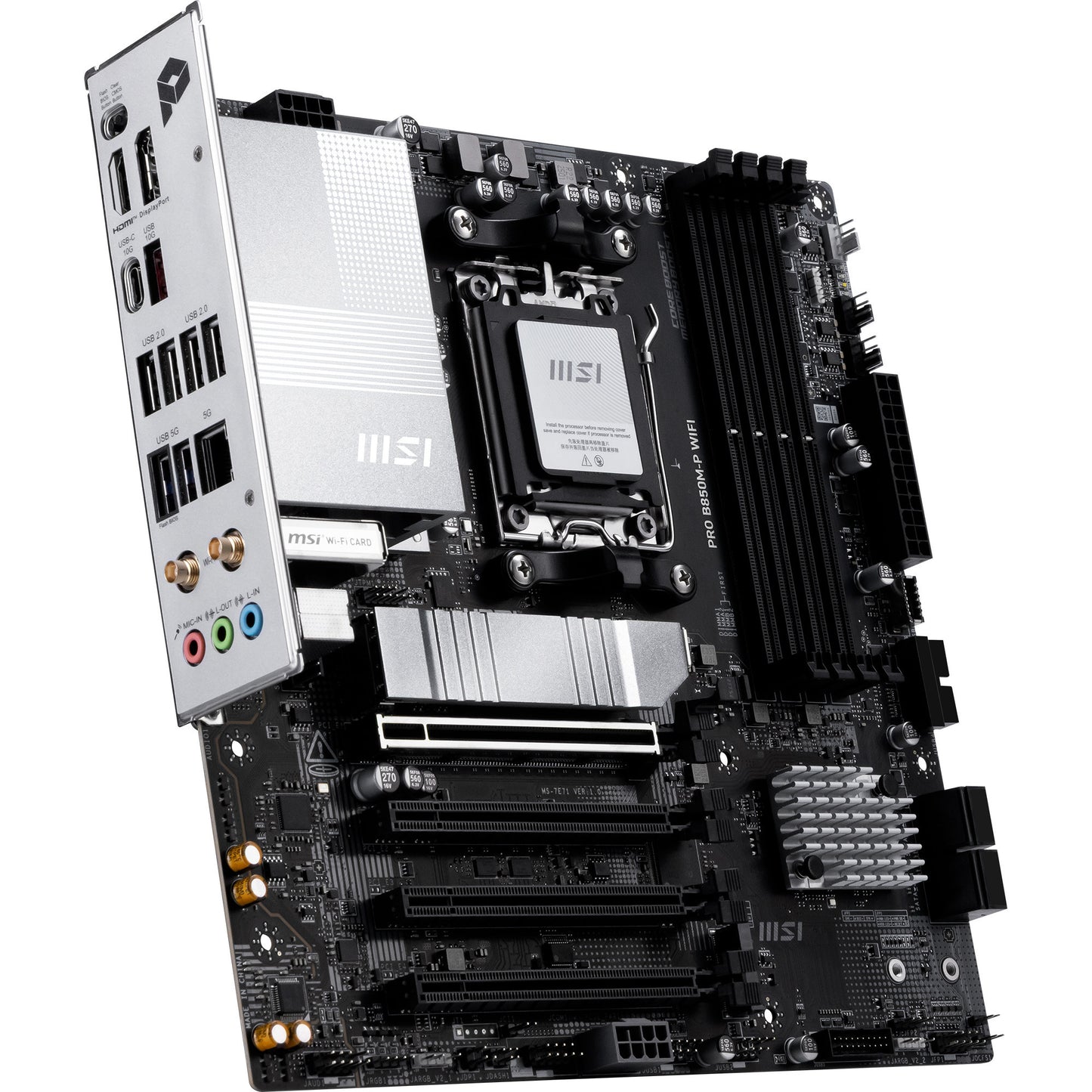 MSI pro b850m-p wifi socket am5 moederbord (zwart zilver, raid, 5gb-lan, wi-fi 7, bt, sound, µatx)