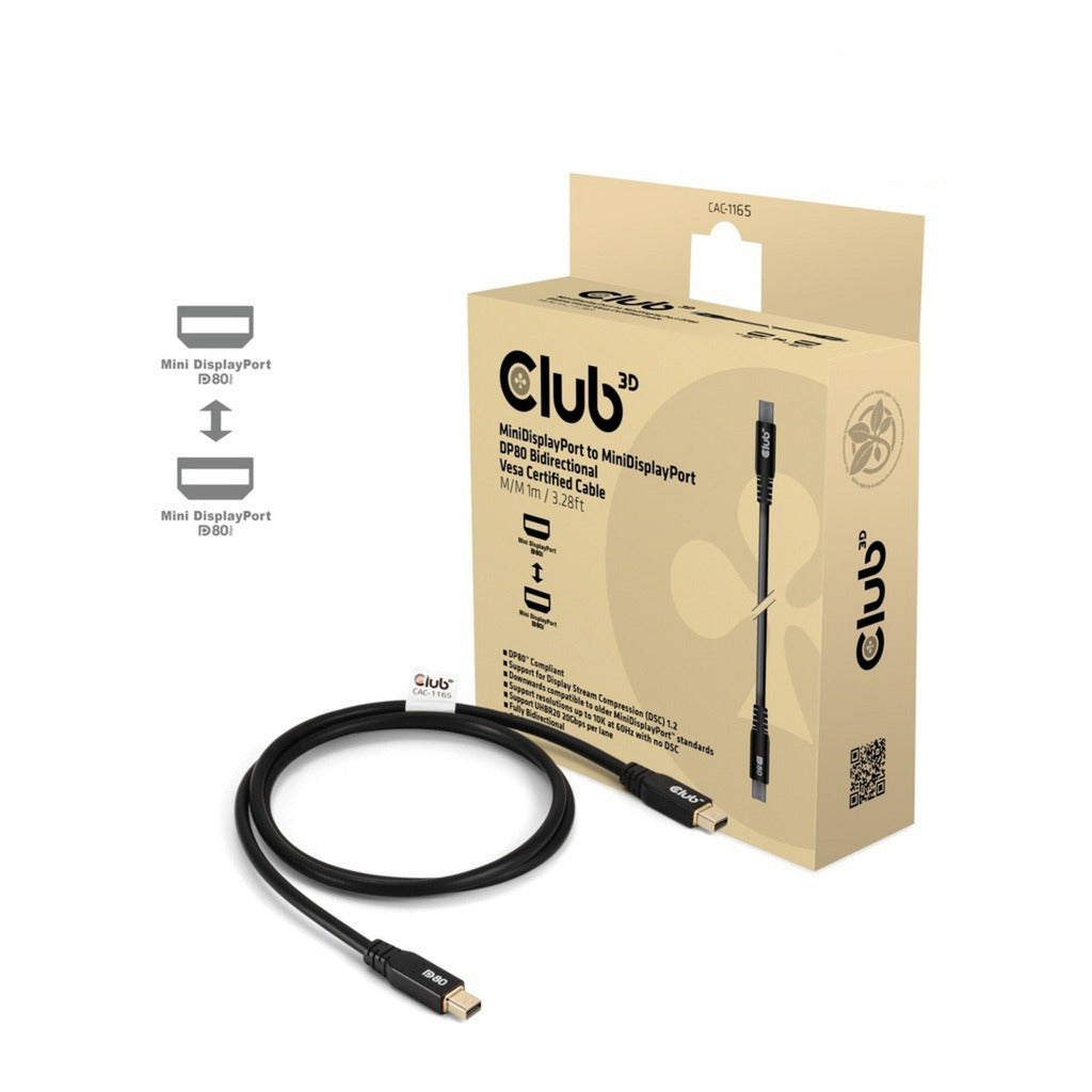 Club 3D minidisplayport naar minidisplayport dp80 bidirectioneel kabel (zwart, 1 meter, vesa-gecertificeerd)