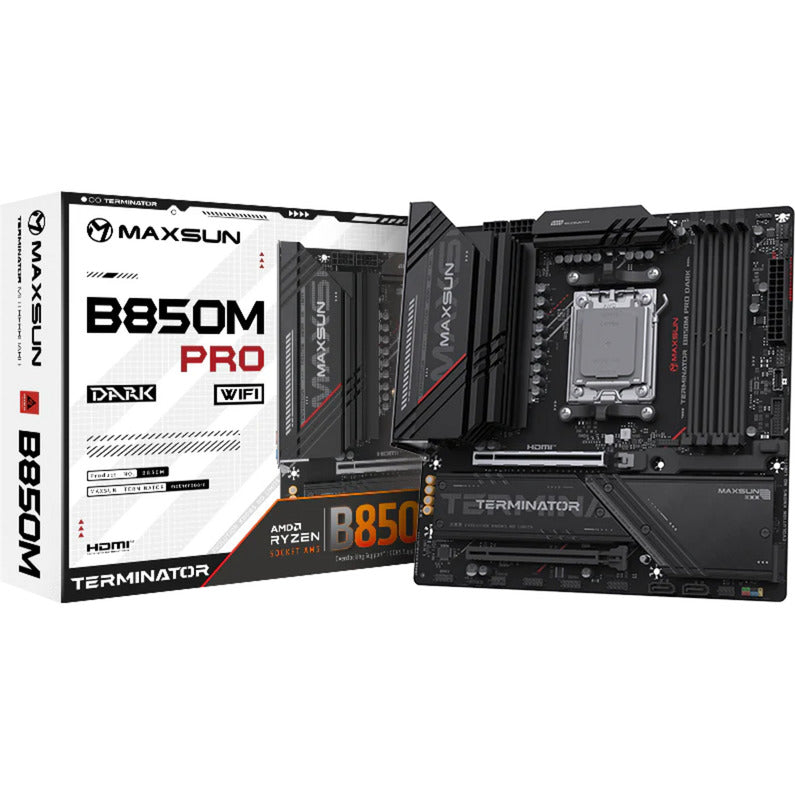 MAXSUN ms-terminator b850m pro dark wifi socket am5 moederbord (zwart, raid, 2.5 gb-lan, wlan, bt, sound, µatx)