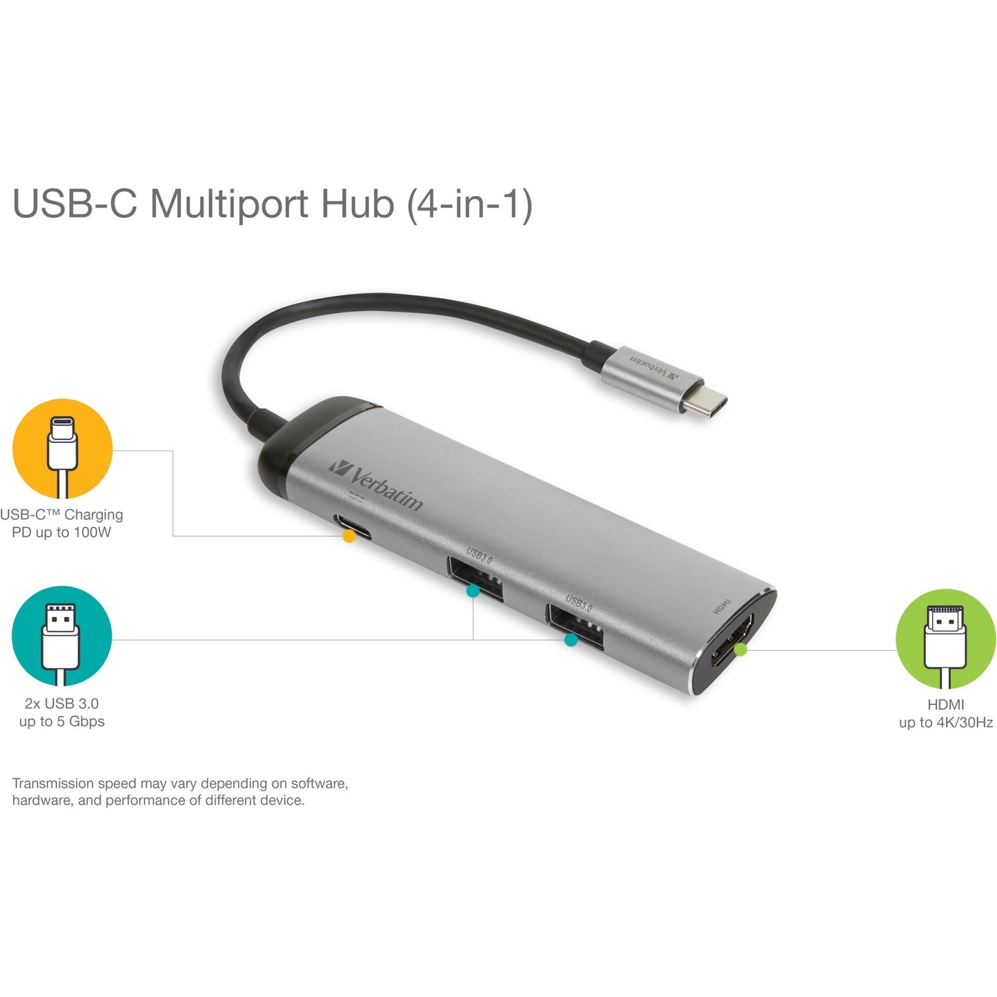 Verbatim usb 3.2 gen 1 multiport hub, usb-c > 2x usb-a + usb-c + hdmi usb-hub (zilver zwart, pd, opladen tot 100 watt)
