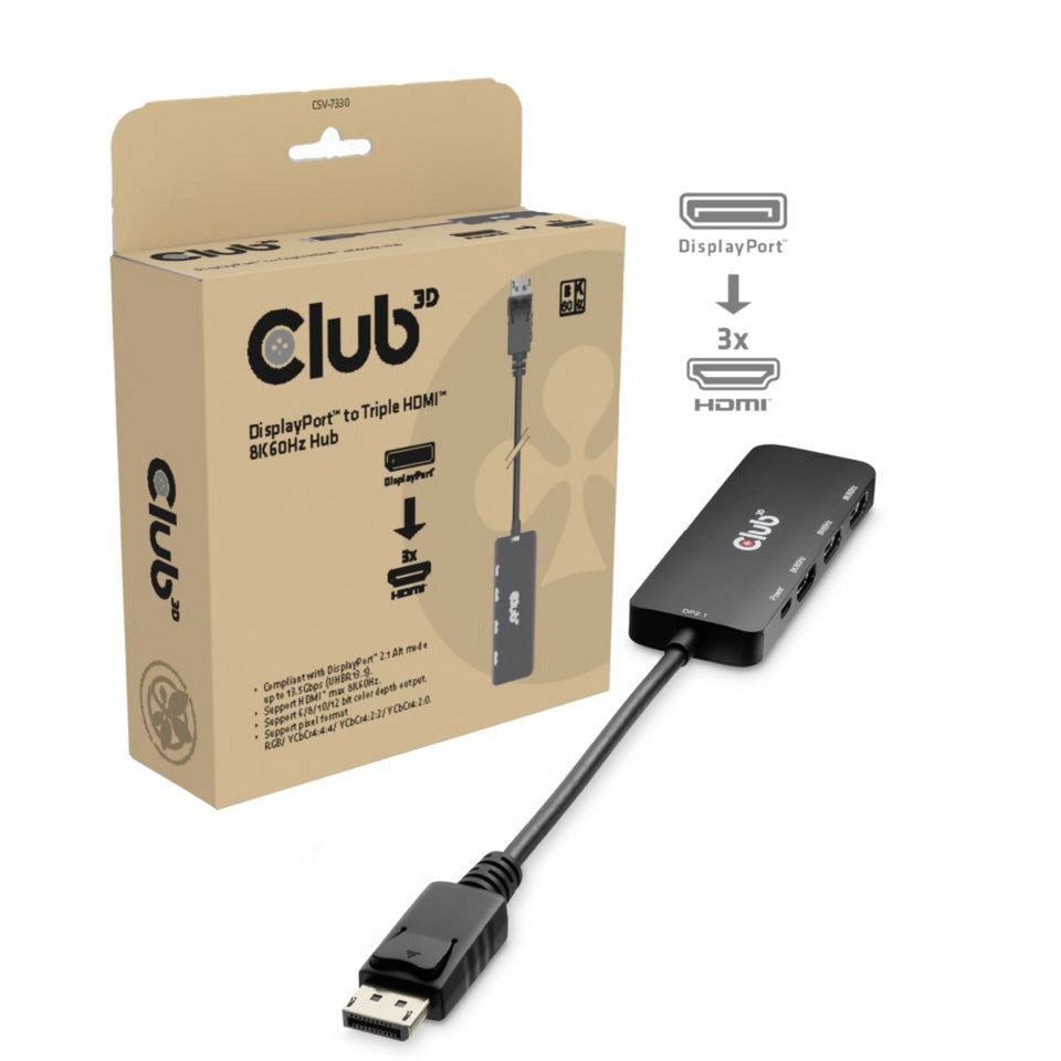 Club 3D displayport naar triple hdmi 8k60hz hub (zwart)