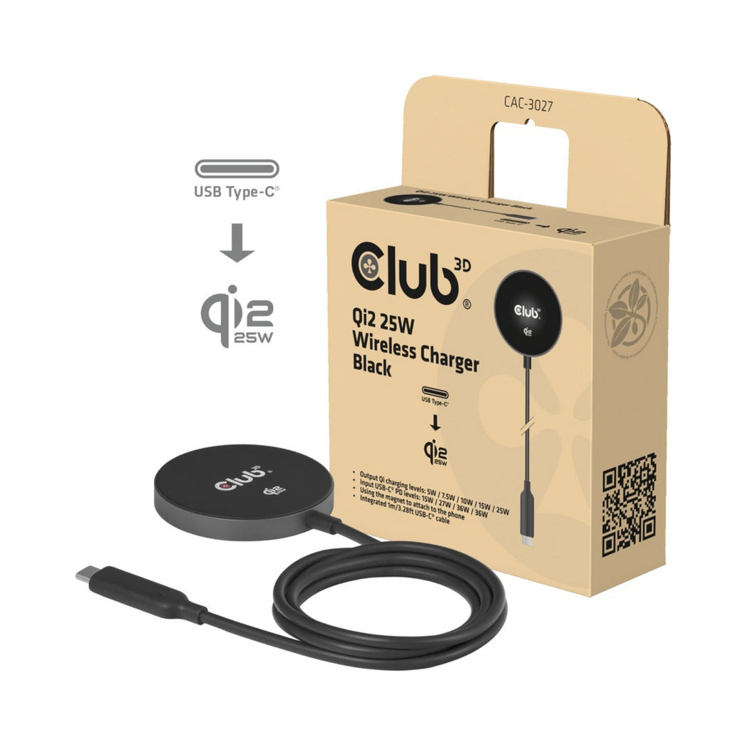 Club 3D cac-3027 qi2 25w draadloze oplader (zwart, qi-gecertificeerd, magsafe-compatibel, magnetisch pad)