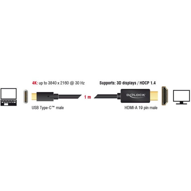 DeLOCK usb-c (male) > hdmi (male) (dp alt mode) kabel (zwart, 1 meter, 4k 30 hz)