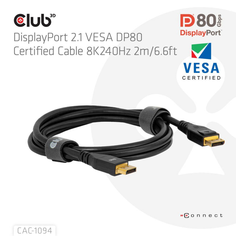 Club 3D displayport 2.1 vesa dp80 gecertificeerde kabel male-male (zwart, 2 meter, 8k 240hz, 10k 60hz, 80gbps)