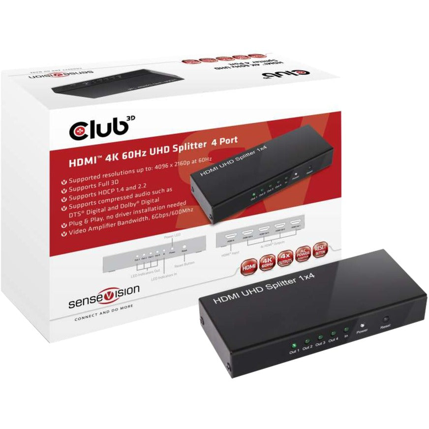 Club 3D hdmi 2.0 uhd splitter 4 ports hdmi splitter (zwart)