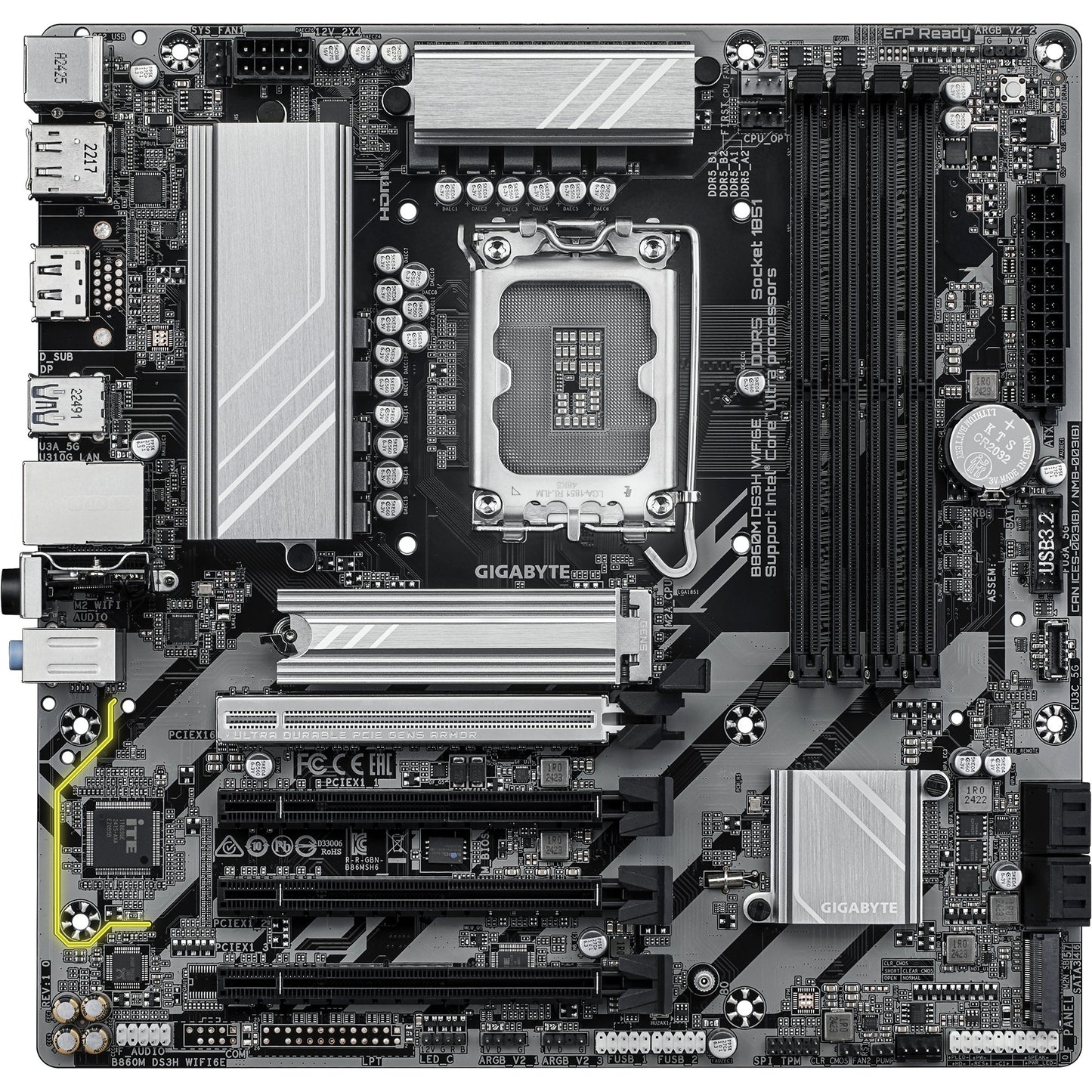 GIGABYTE b860m ds3h wifi6e socket 1851 moederbord (raid, 2.5gb-lan, wi-fi 6e, bt, sound, µatx)