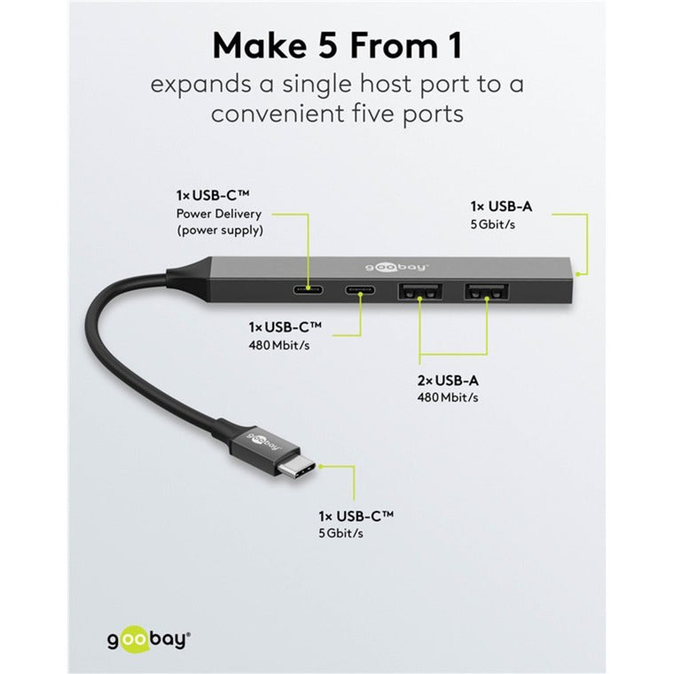 Goobay slanke usb-hub met 5 poorten, usb-c naar usb-c usb-a, 5 gbit s (lichtgrijs)