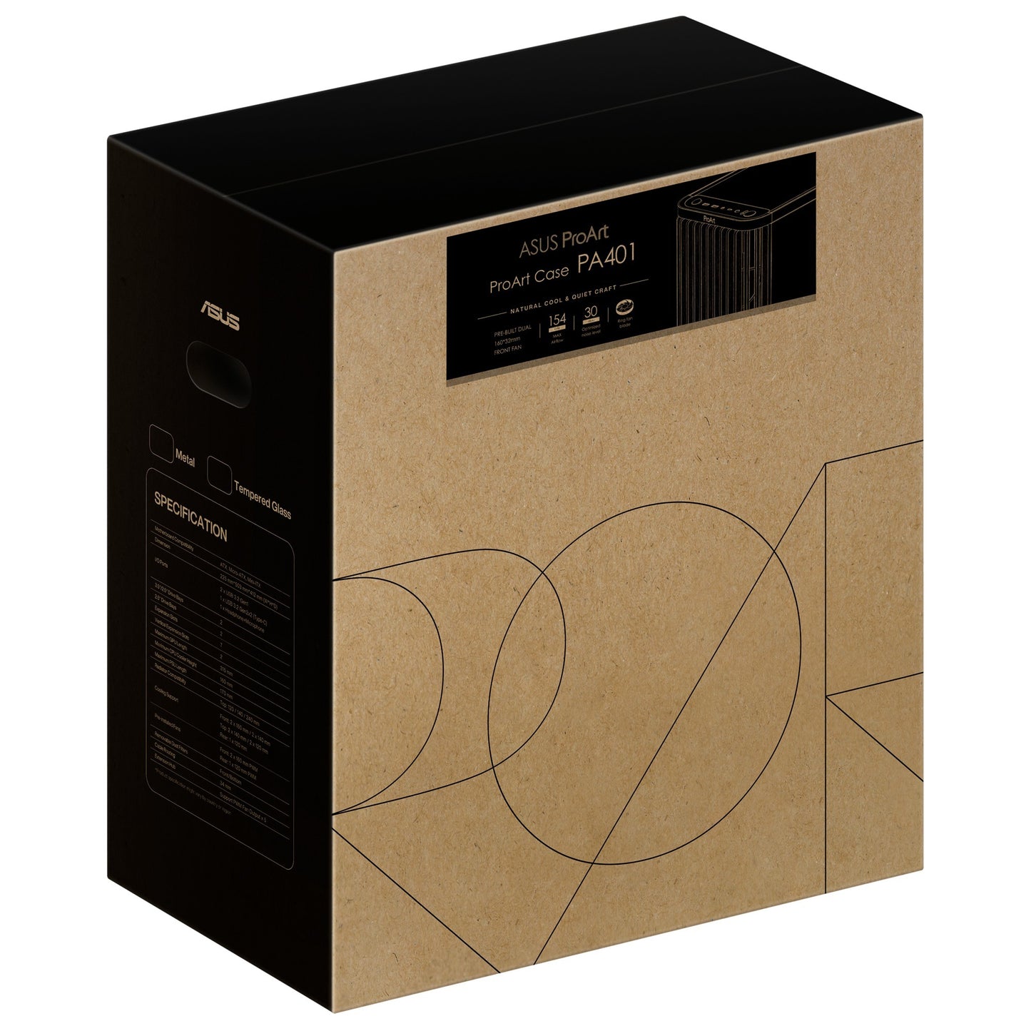 ASUS proart pa401 wood edition - metal panel midi tower behuizing (zwart | 2x usb-a | 1x usb-c)