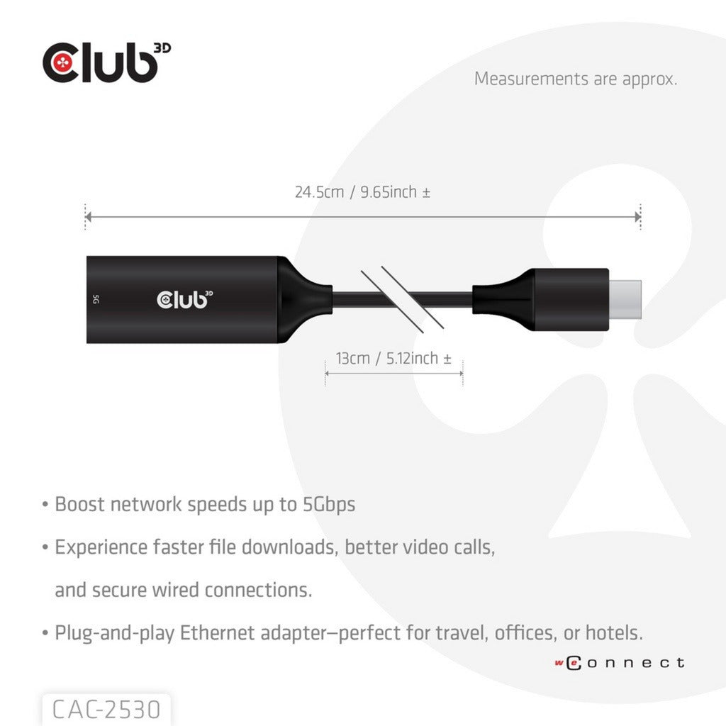 Club 3D usb-c naar rj45 5gbps ethernet m f adapter (zwart)