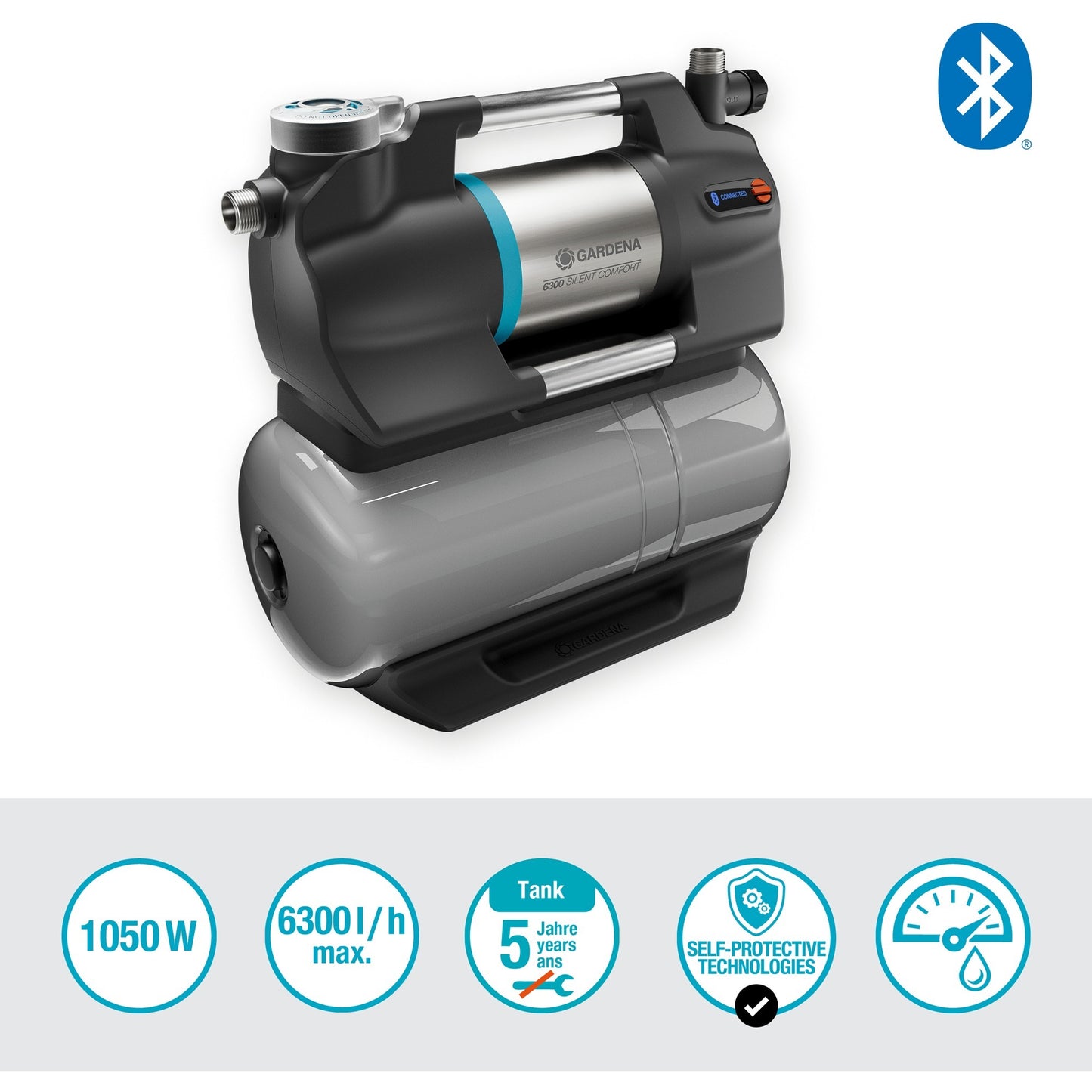 GARDENA hydrofoorpomp 6300 silentcomfort (grijs roestvrij staal, bluetooth)