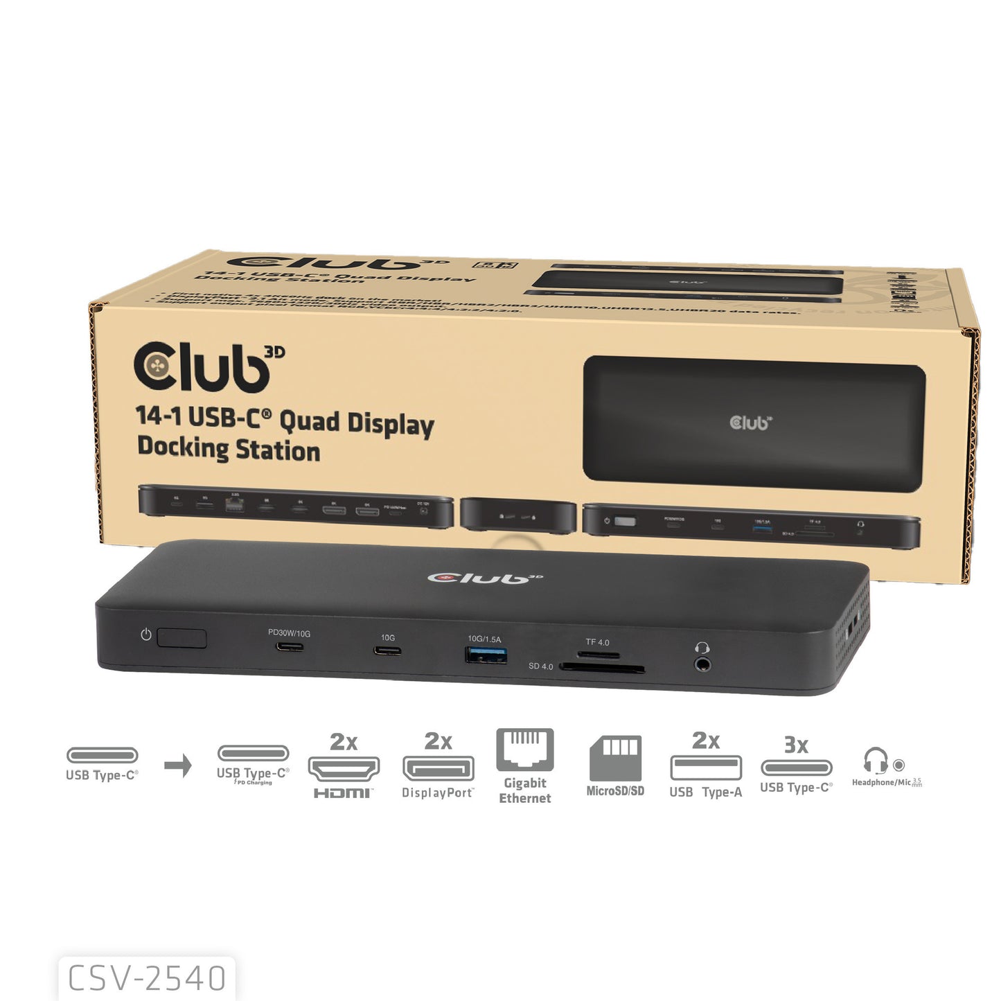 Club 3D 14-1 usb-c quad display dockingstation (zwart)
