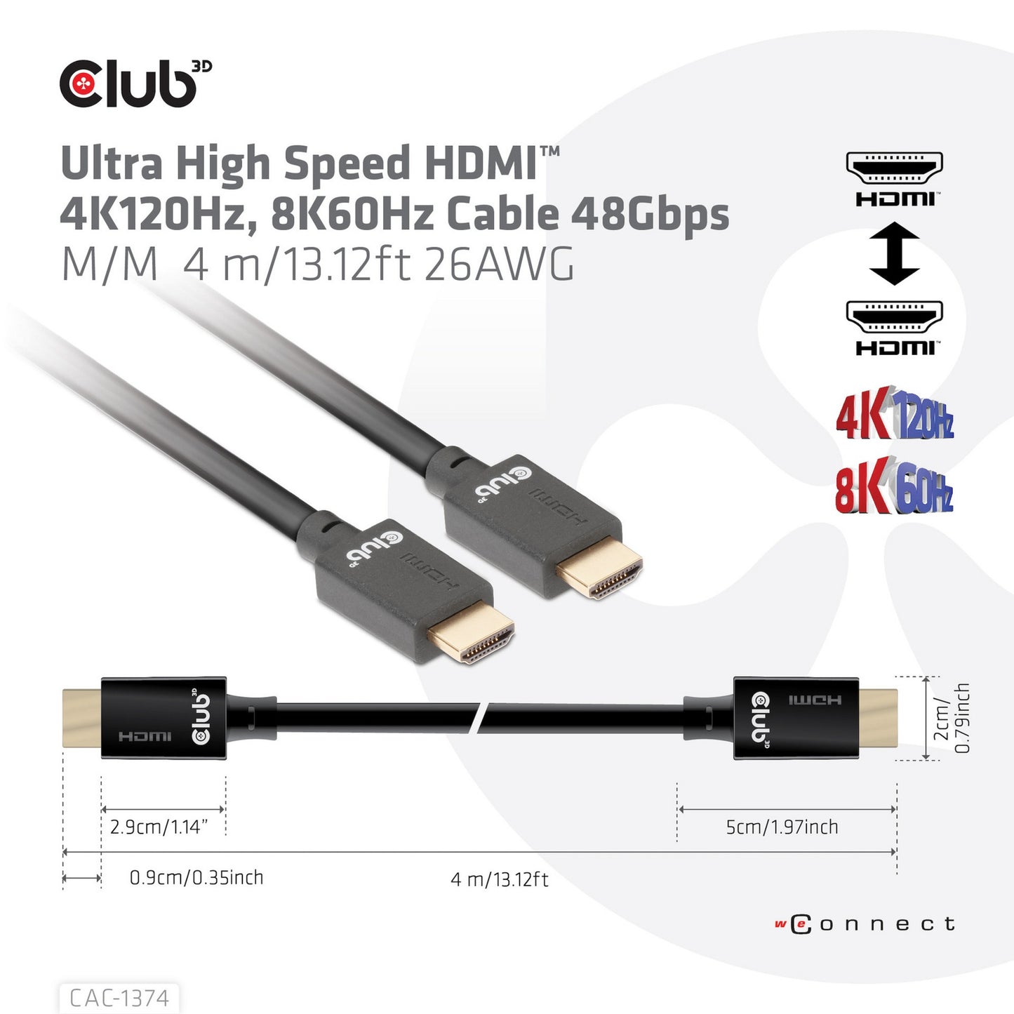 Club 3D ultra high speed hdmi 2.1 male-male kabel (zwart, 4 meter, 4k 120hz, 8k 60hz, 48gbps)