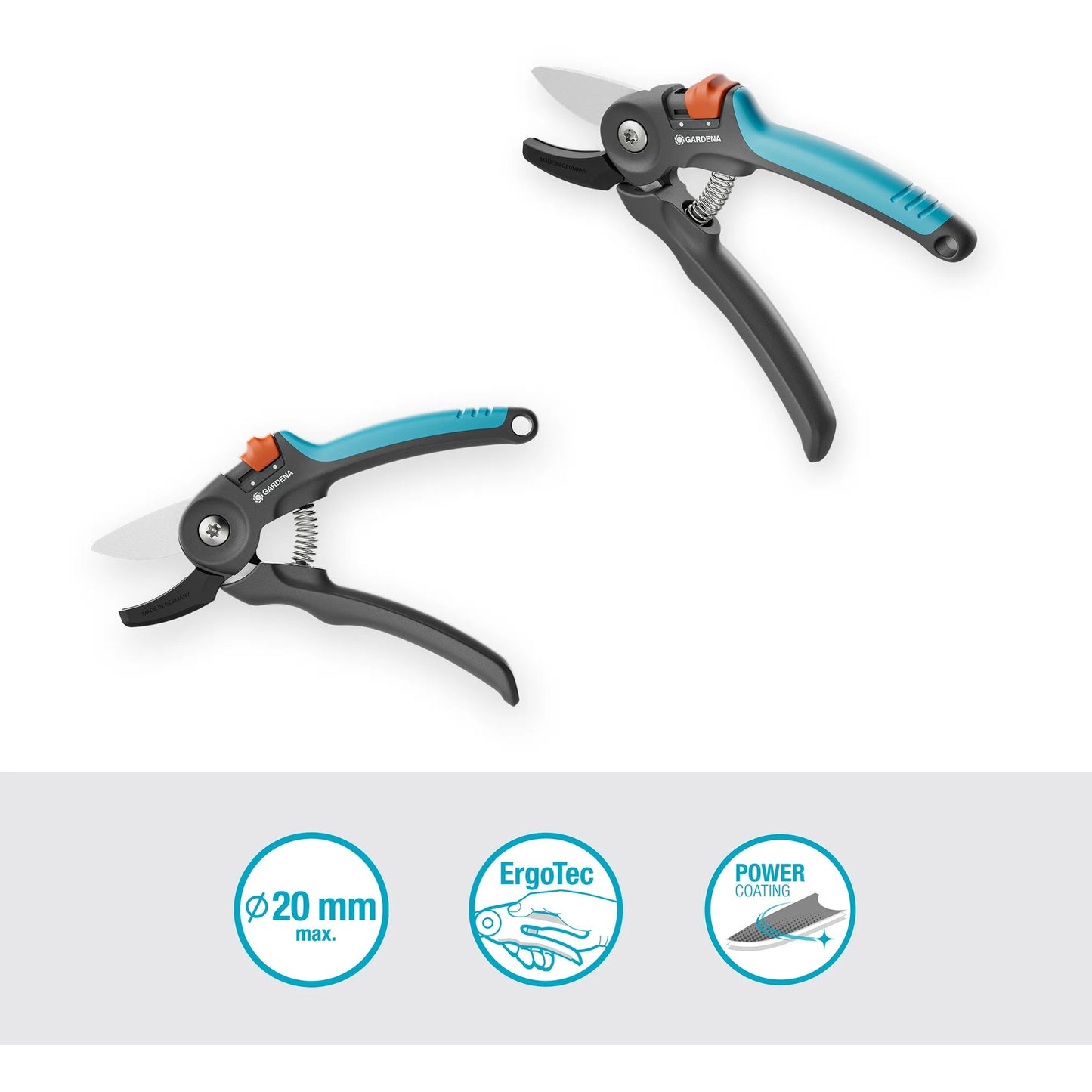 GARDENA snoeischaar premiumcut voor droog hout (grijs turquoise, aambeeldsnede, 20 mm snoeidiameter)
