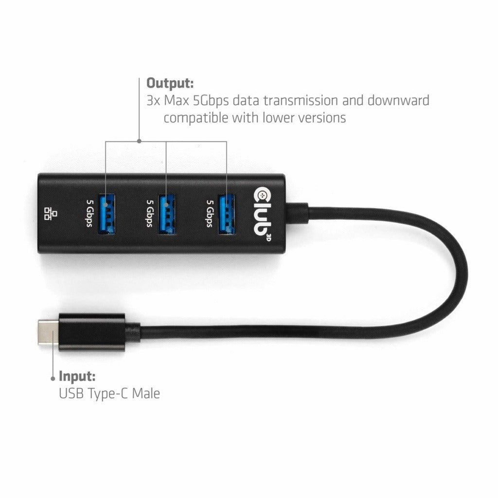 Club 3D usb-c 5 gbps naar 3 poorten usb type-a-hub met gigabit ethernet adapter (zwart)