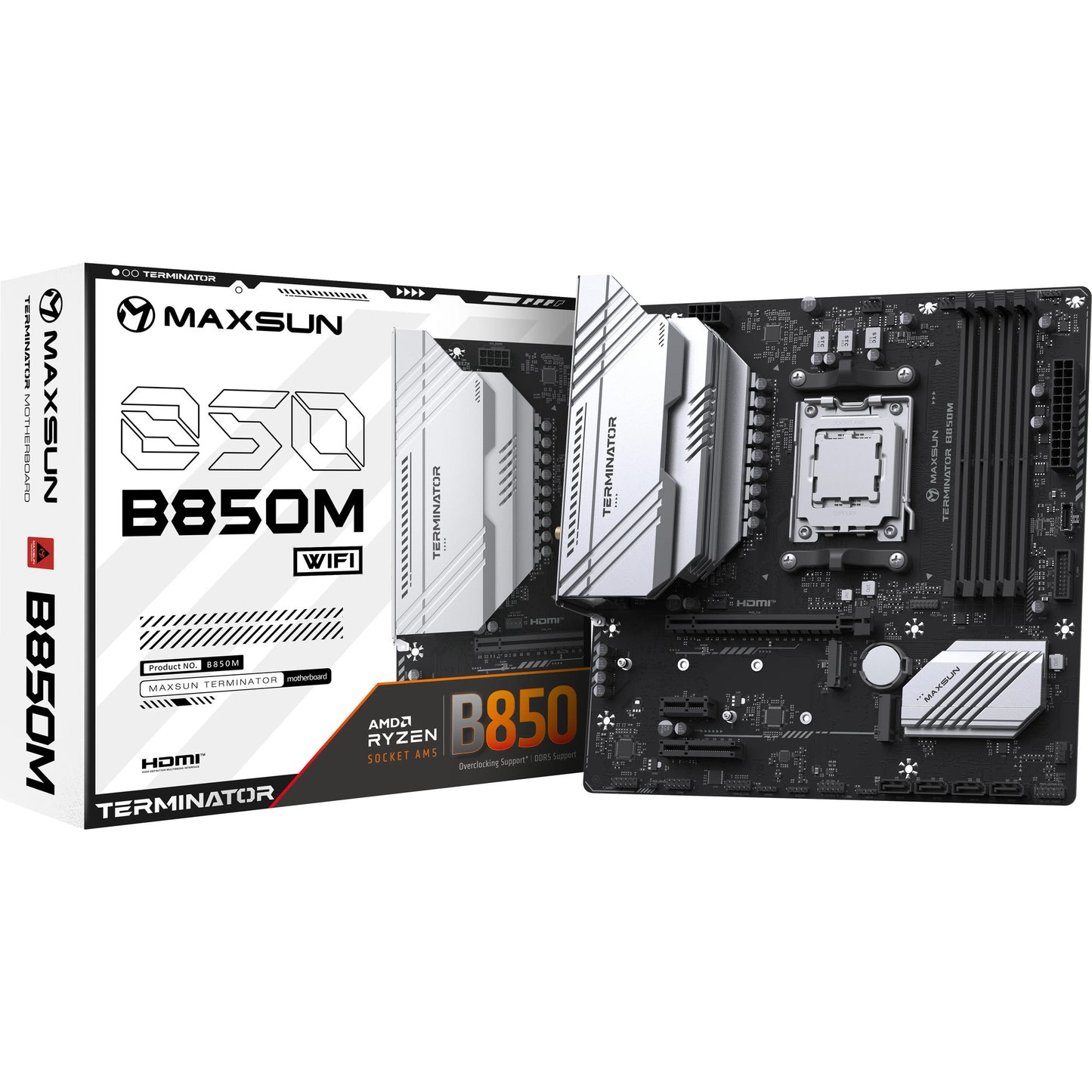 MAXSUN ms-terminator b850m wifi socket am5 moederbord (zwart, raid, 2.5 gb-lan, wlan, bt, sound, µatx)