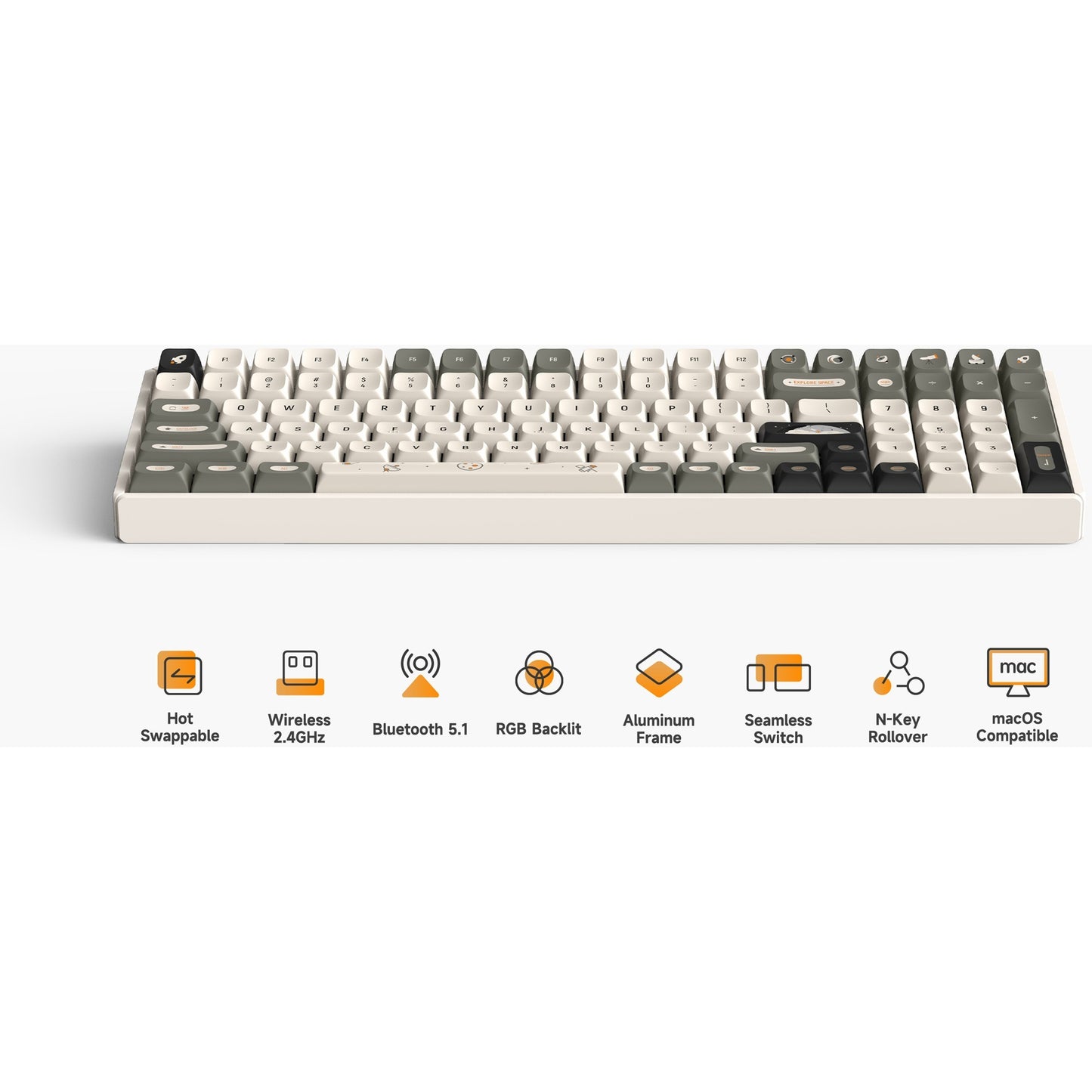 Iqunix F97 Hitchhiker Wireless Mechanical Keyboard (Grijs, US lay-out (QWERTY), Cherry MX Red, 96%, RGB leds, Hot-swappable, PBT, 2.4GHz | Bluetooth 5.1 | USB-C)