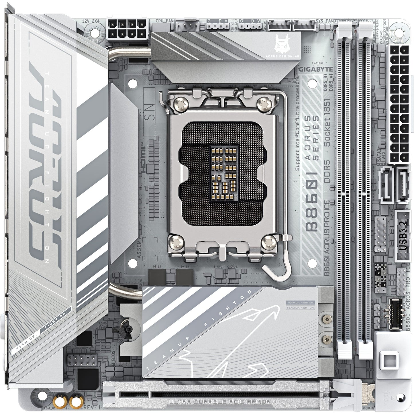GIGABYTE b860i aorus pro ice socket 1851 moederbord (zilver, raid, 2.5gb-lan, wi-fi 7, bt, sound, mini-itx)