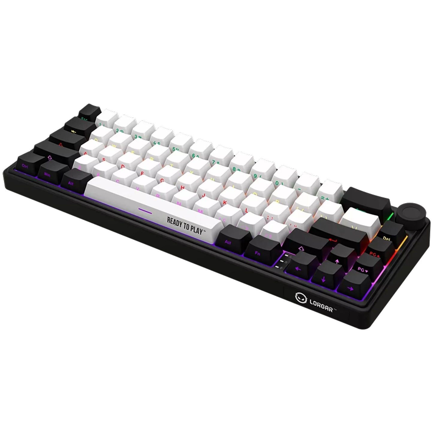 LORGAR kbp70mw rgb mechanisch gaming toetsenbord (zwart, us lay-out (qwerty), logar toxic purple, 65%, rgb, hot-swappable, pbt double-shot, bluetooth | 2.4ghz | usb)