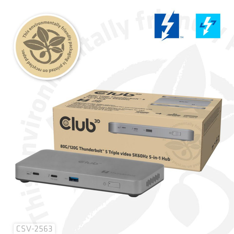Club 3D 5-1 thunderbolt 5 hub triple video dockingstation (grijs)
