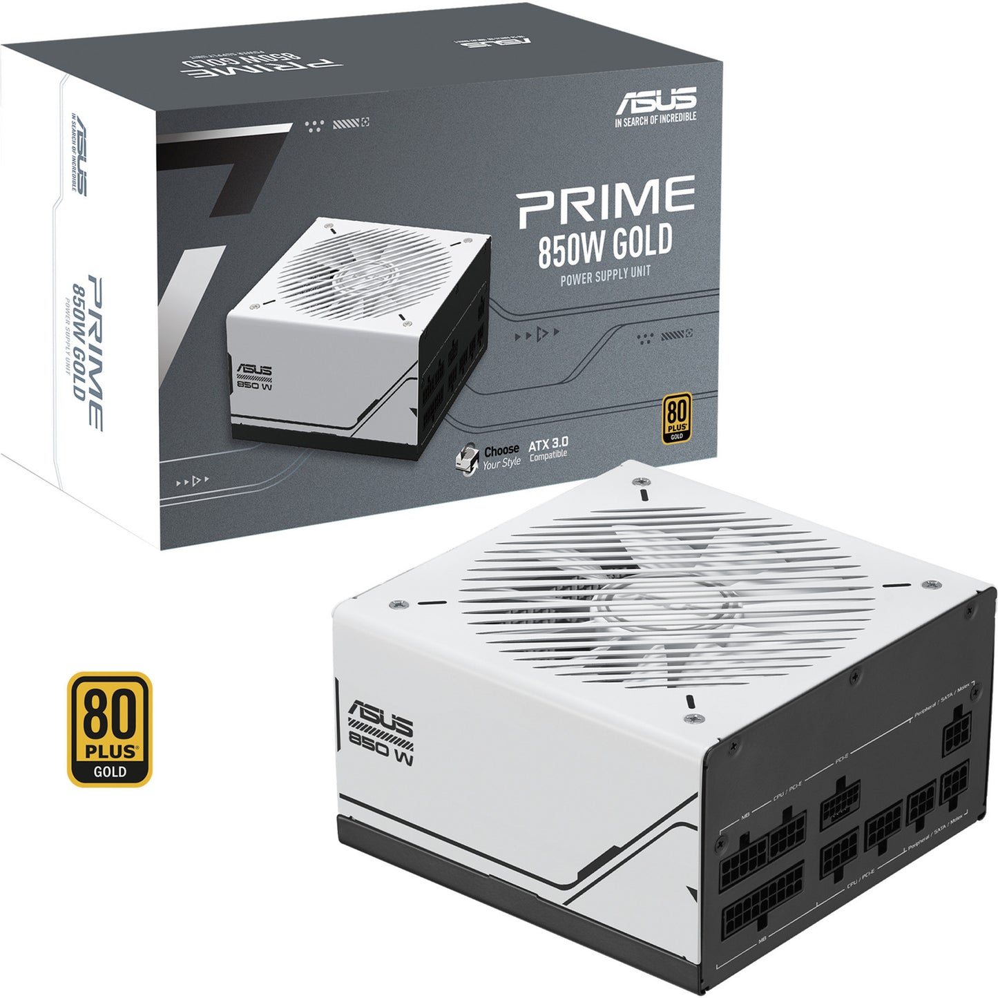 ASUS prime gold modulaire 850 watt voeding (wit, 1x 12v-2x6, 3x pcie)