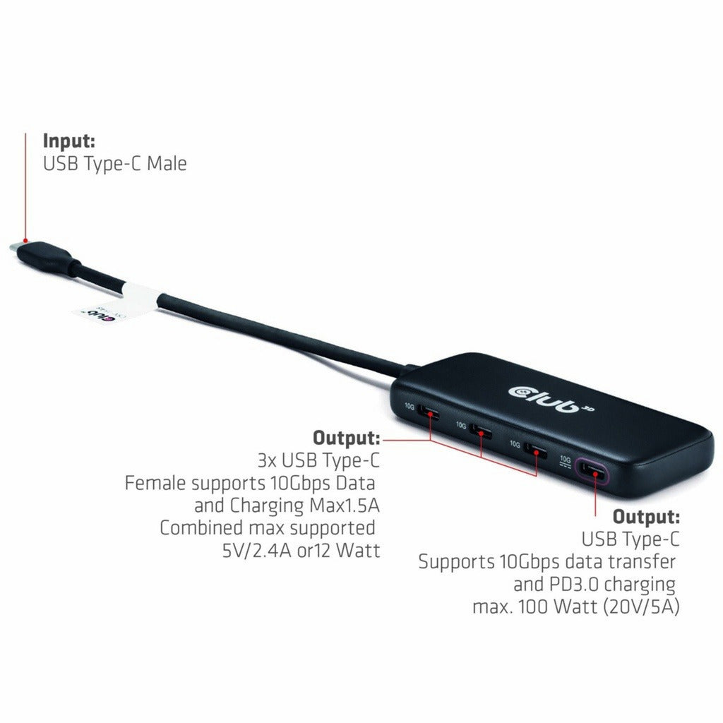 Club 3D usb-c 4-poorts 10g-datahub met pd3.0 usb-hub (zwart)