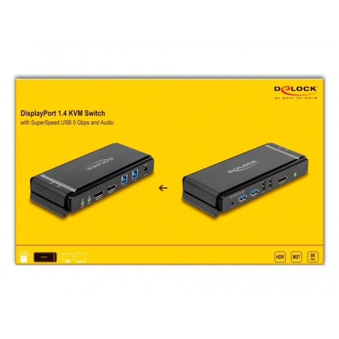 DeLOCK displayport 1.4 kvm switch, 8k 60hz, usb 3.2 gen 1, audio kvm-switch (grijs zwart)