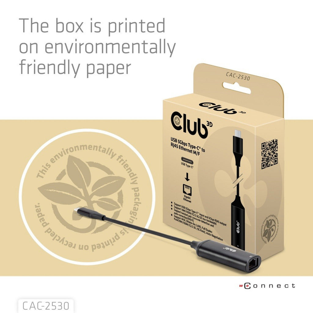 Club 3D usb-c naar rj45 5gbps ethernet m f adapter (zwart)