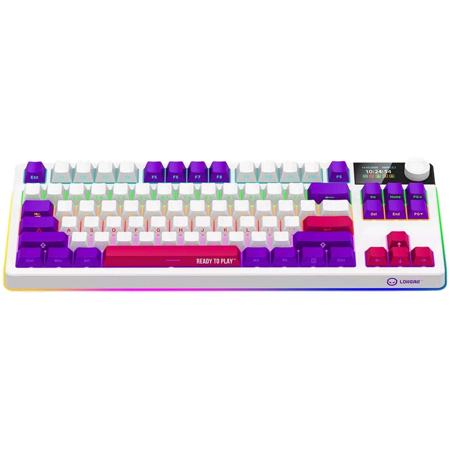 LORGAR kbp70tklw rgb mechanisch gaming toetsenbord (wit, us lay-out (qwerty), logar toxic purple, 80% (tkl), rgb, hot-swappable, pbt double-shot, bluetooth | 2.4ghz | usb)