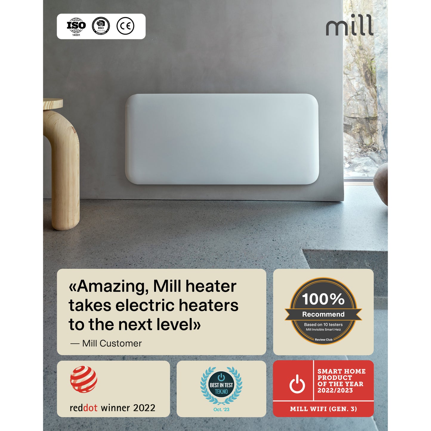 Mill steel wifi paneelverwarming pa1500wifi4a, 1500 watt convector (wit, wifi 2,4 ghz (wifi 6), bluetooth 5.2, zigbee 3.0 + app)