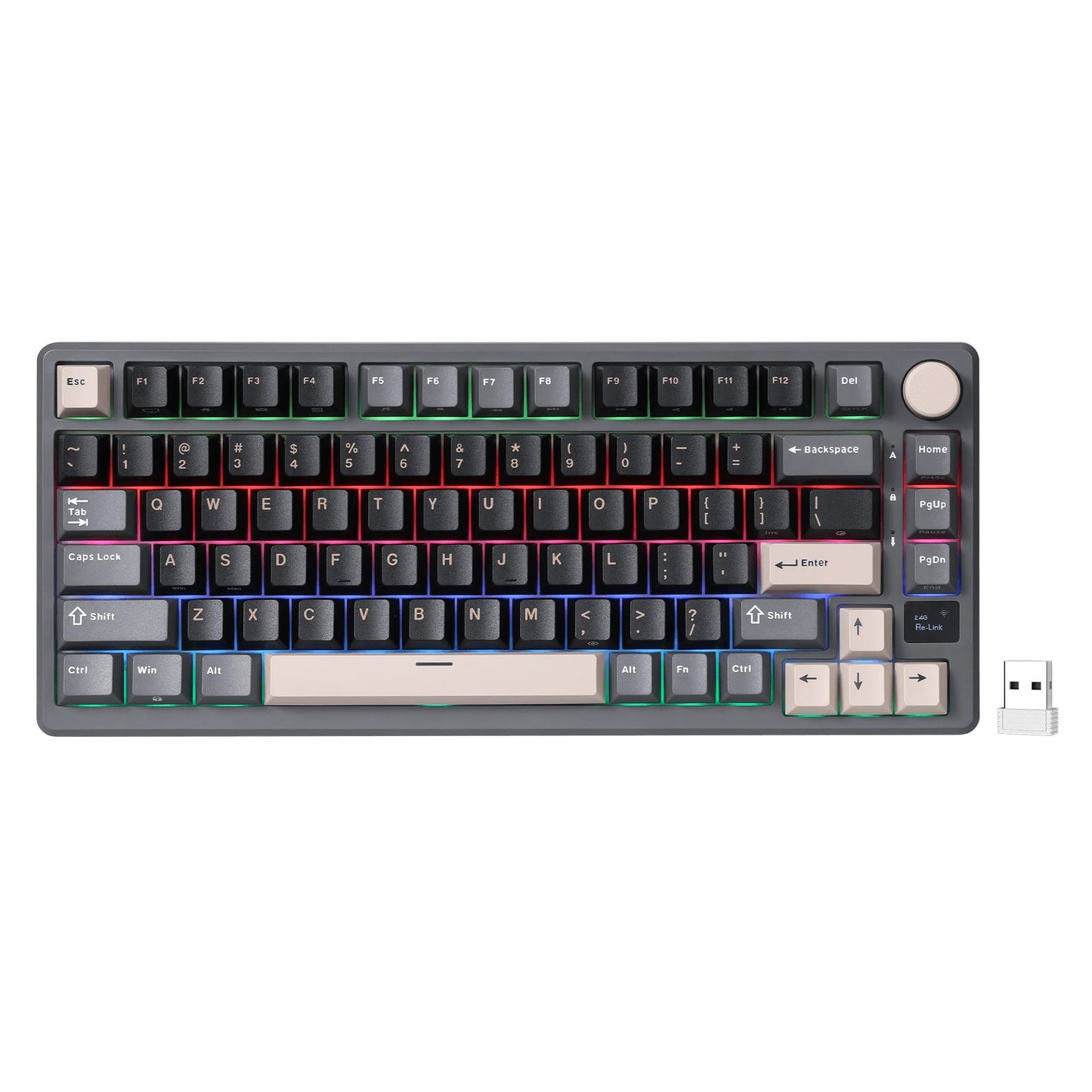 Royal Kludge M75 draadloos gaming toetsenbord (US lay-out (QWERTY), 75%, Phantom, Silver switch, RGB, Hot swap, 2.4 GHz | USB-C | Bluetooth)