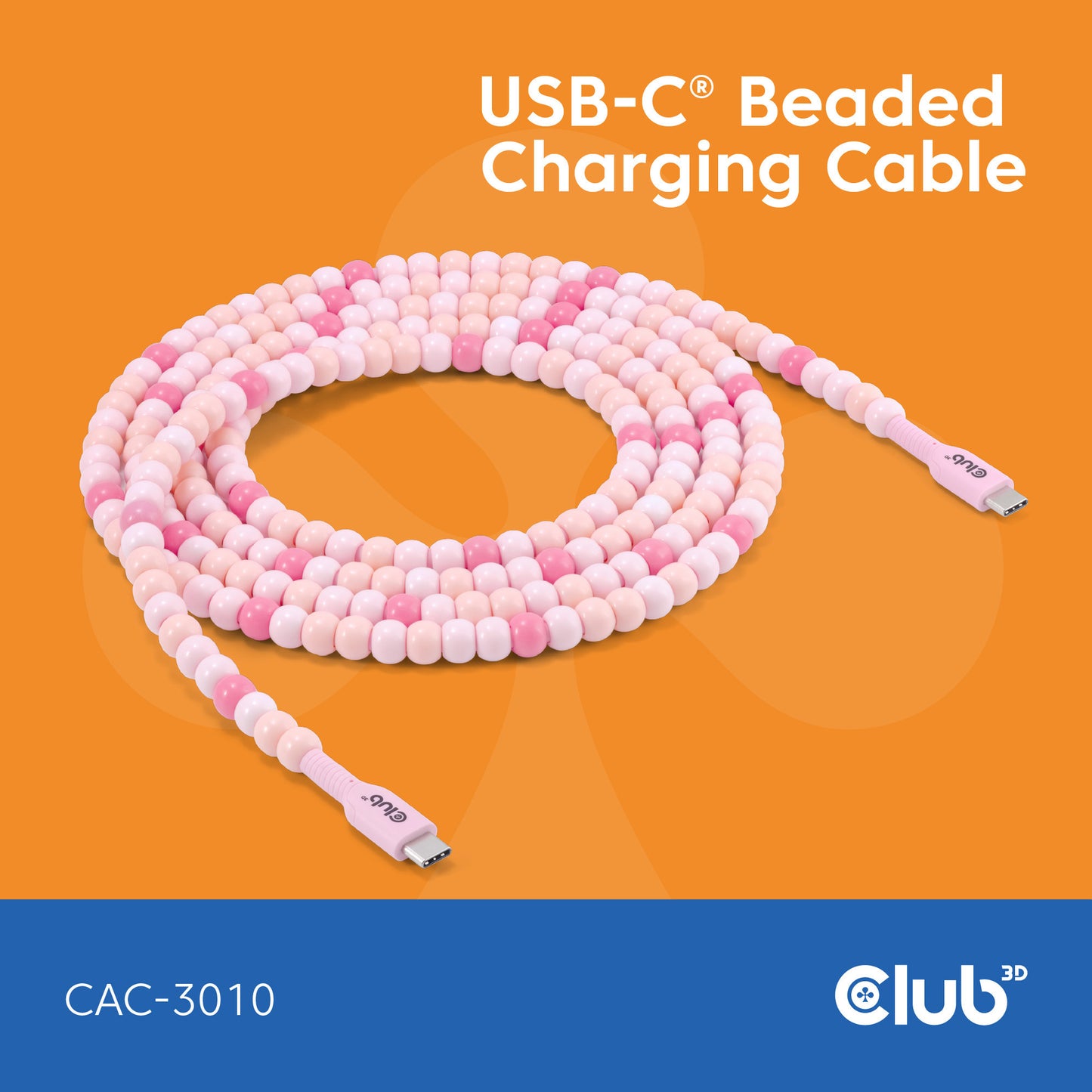 Club 3D usb-c beaded cable pink, 2 meter kabel (roze)