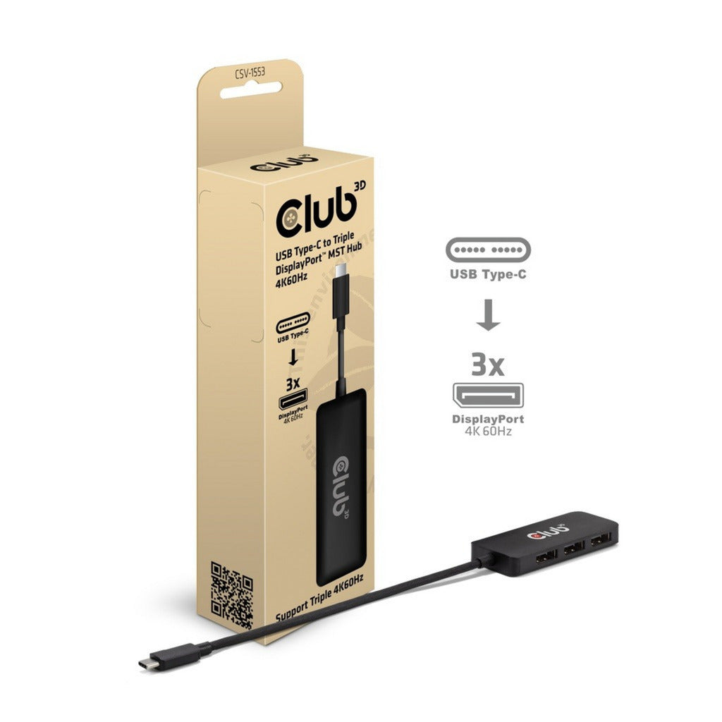 Club 3D usb-c naar triple displayport mst hub (zwart, 4k60hz)