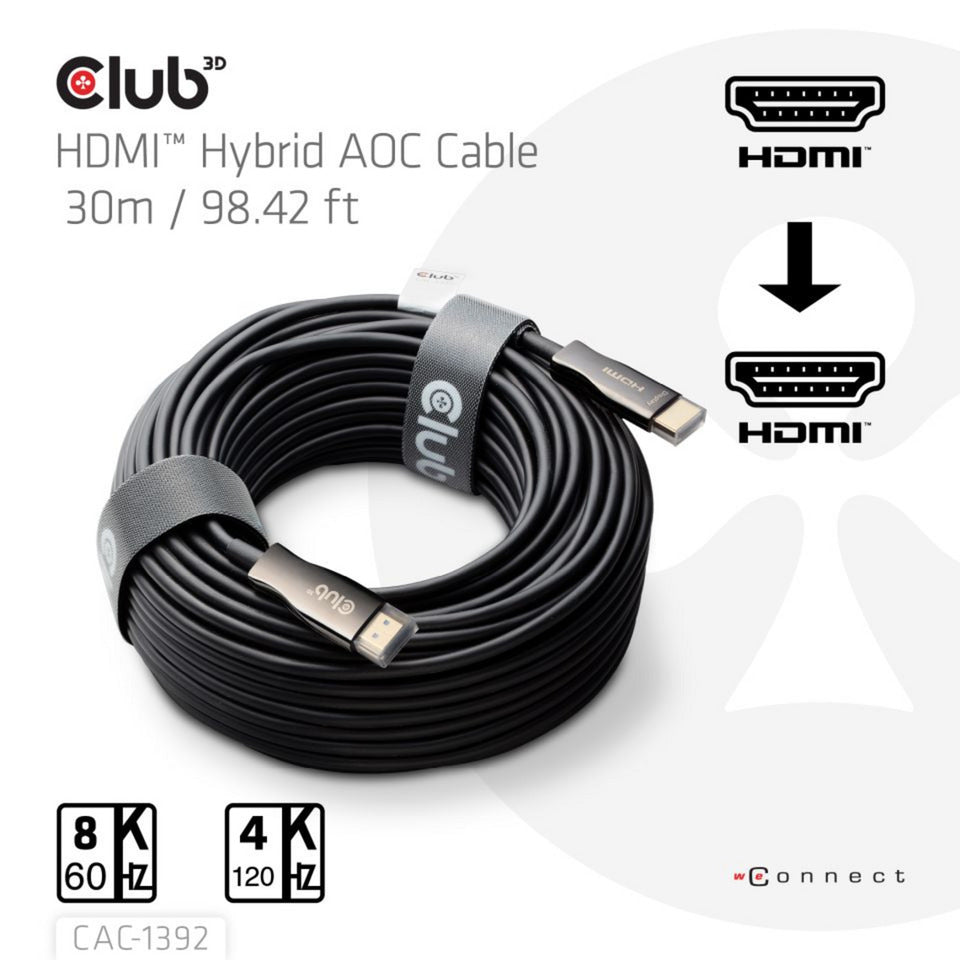 Club 3D hdmi hybride aoc kabel 8k60hz 4k120hz 30m (zwart)