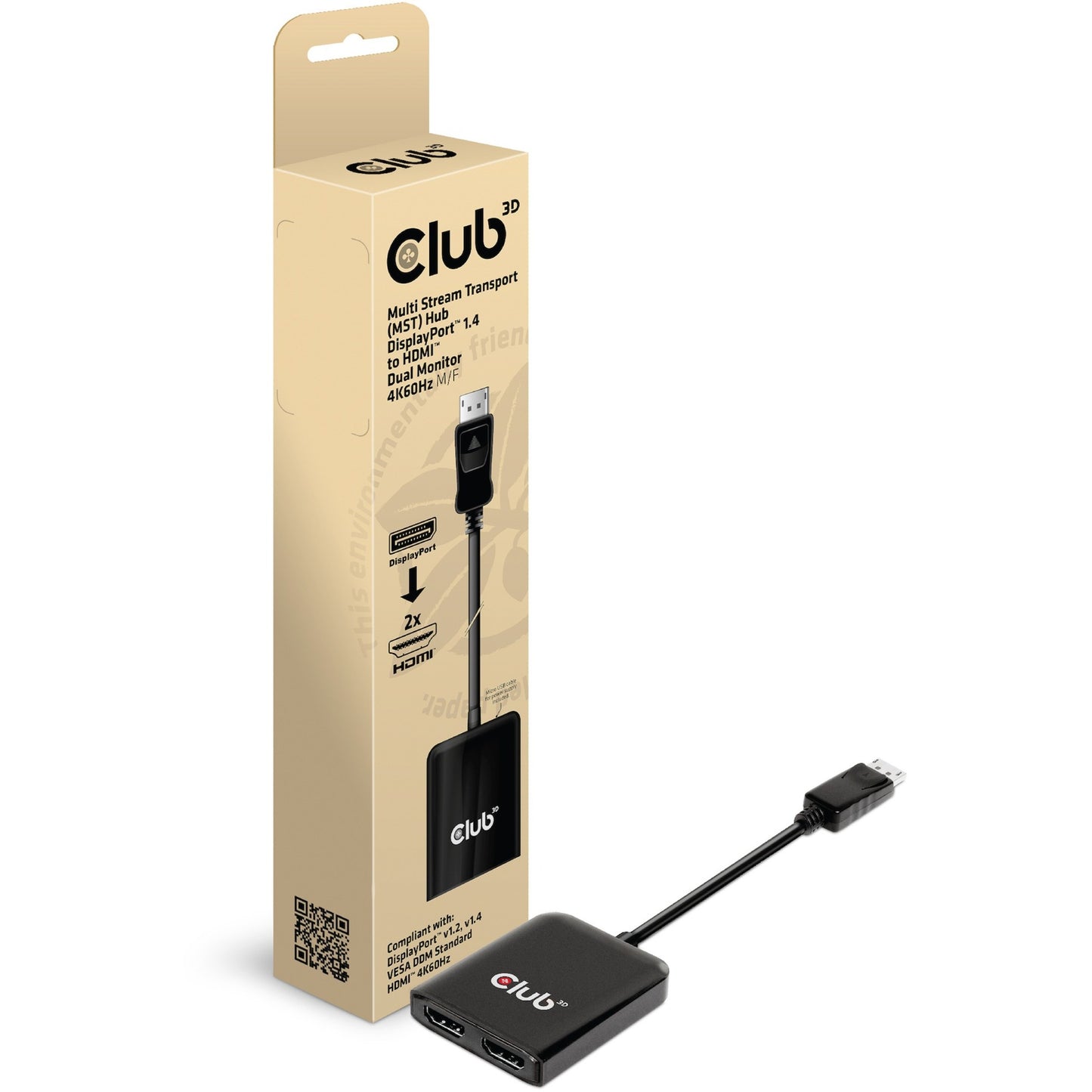 Club 3D multi stream transport hub displayport 1.4 naar 2x hdmi dual monitor 4k60hz adapter (zwart)