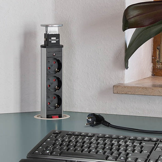 Brennenstuhl Tower power usb-charger stekkerdoos 3-voudig met dubbele usb-laadingang 2m h05vv-f 3g1,5 volledig verzonken in tafelblad