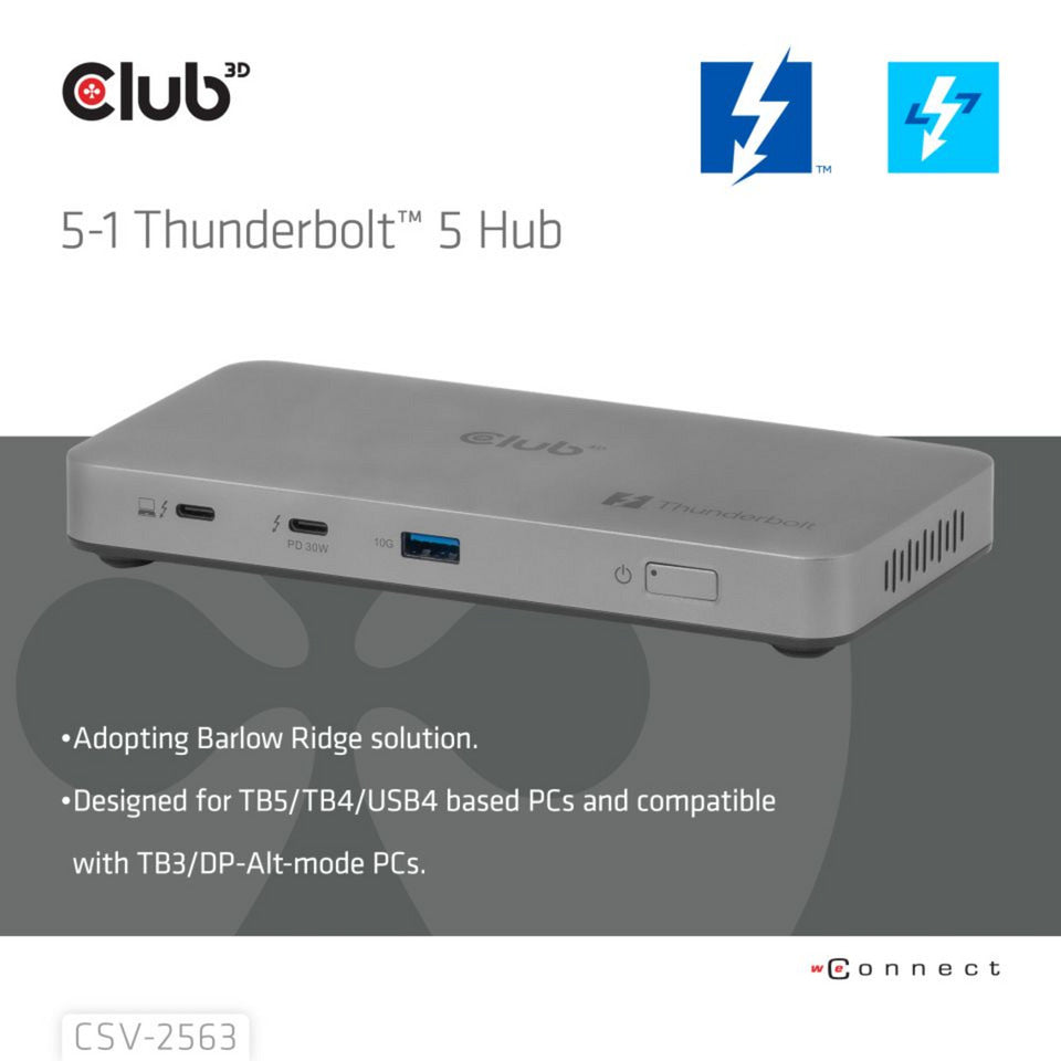 Club 3D 5-1 thunderbolt 5 hub triple video dockingstation (grijs)