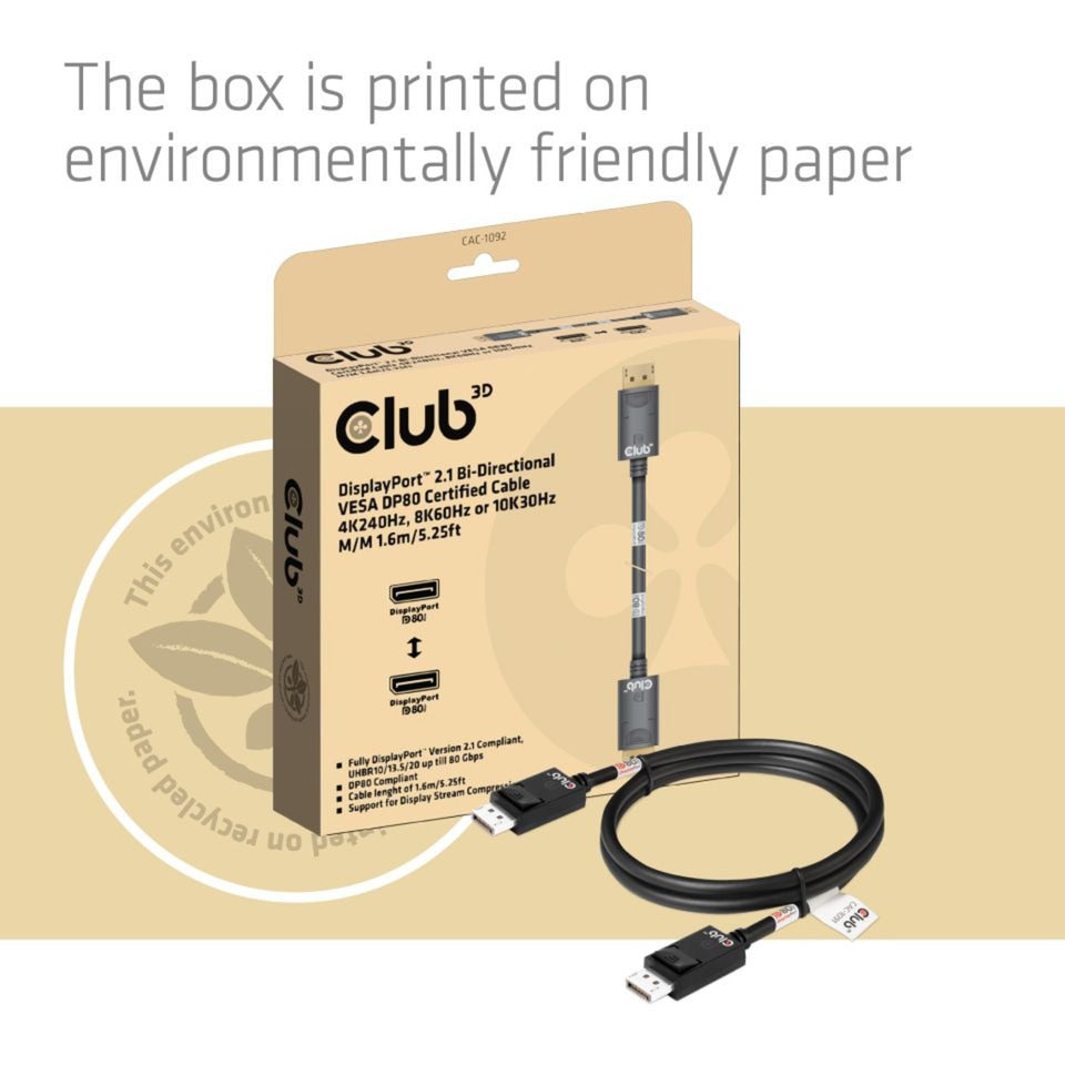 Club 3D displayport 2.1 vesa dp80 gecertificeerde kabel male-male (zwart, 1,6 meter, 8k 240hz, 10k 60hz, 80gbps)