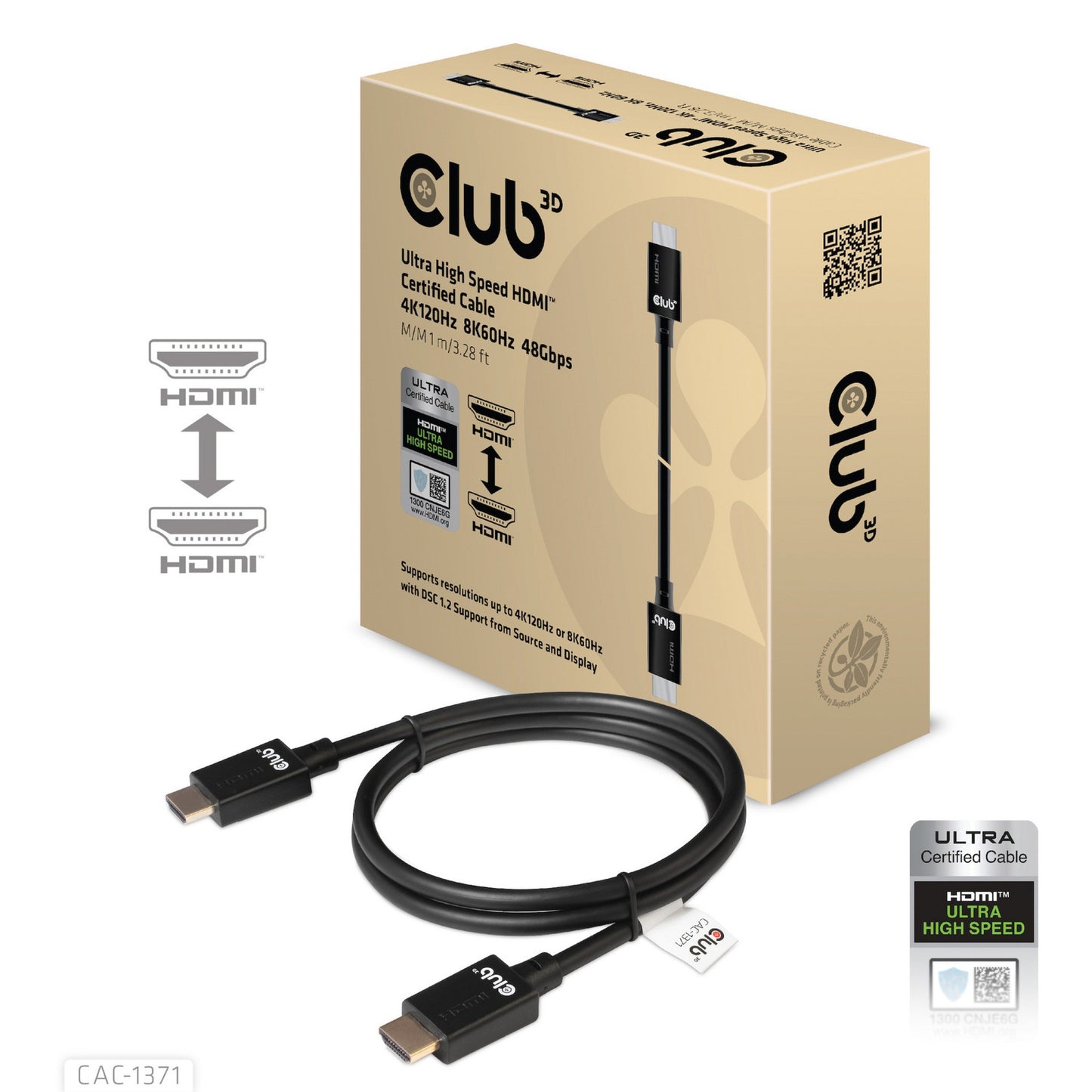 Club 3D ultra high speed hdmi 2.1 gecertificeerde kabel male-male (zwart, 1 meter, 4k 120hz, 8k 60hz, 48gbps)