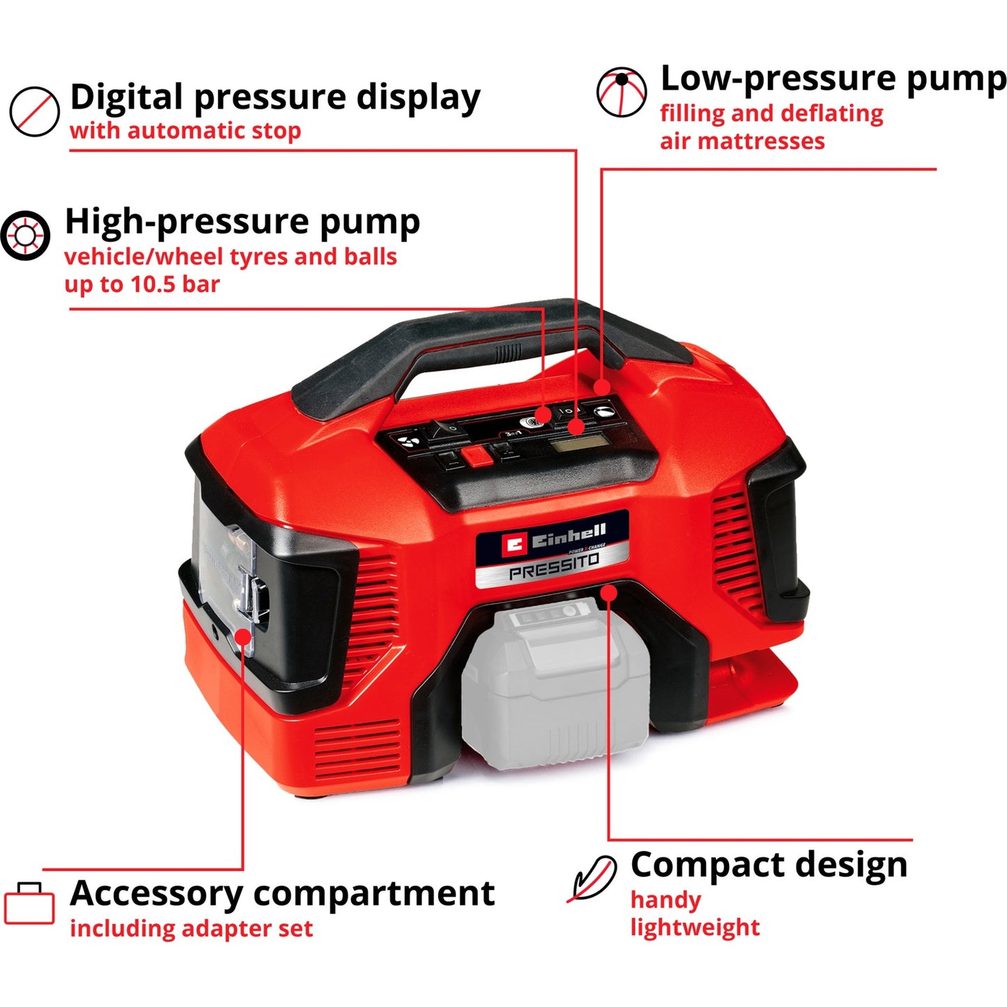 EINHELL accu compressor pressito 18 21 (rood zwart, accu en lader niet inbegrepen)
